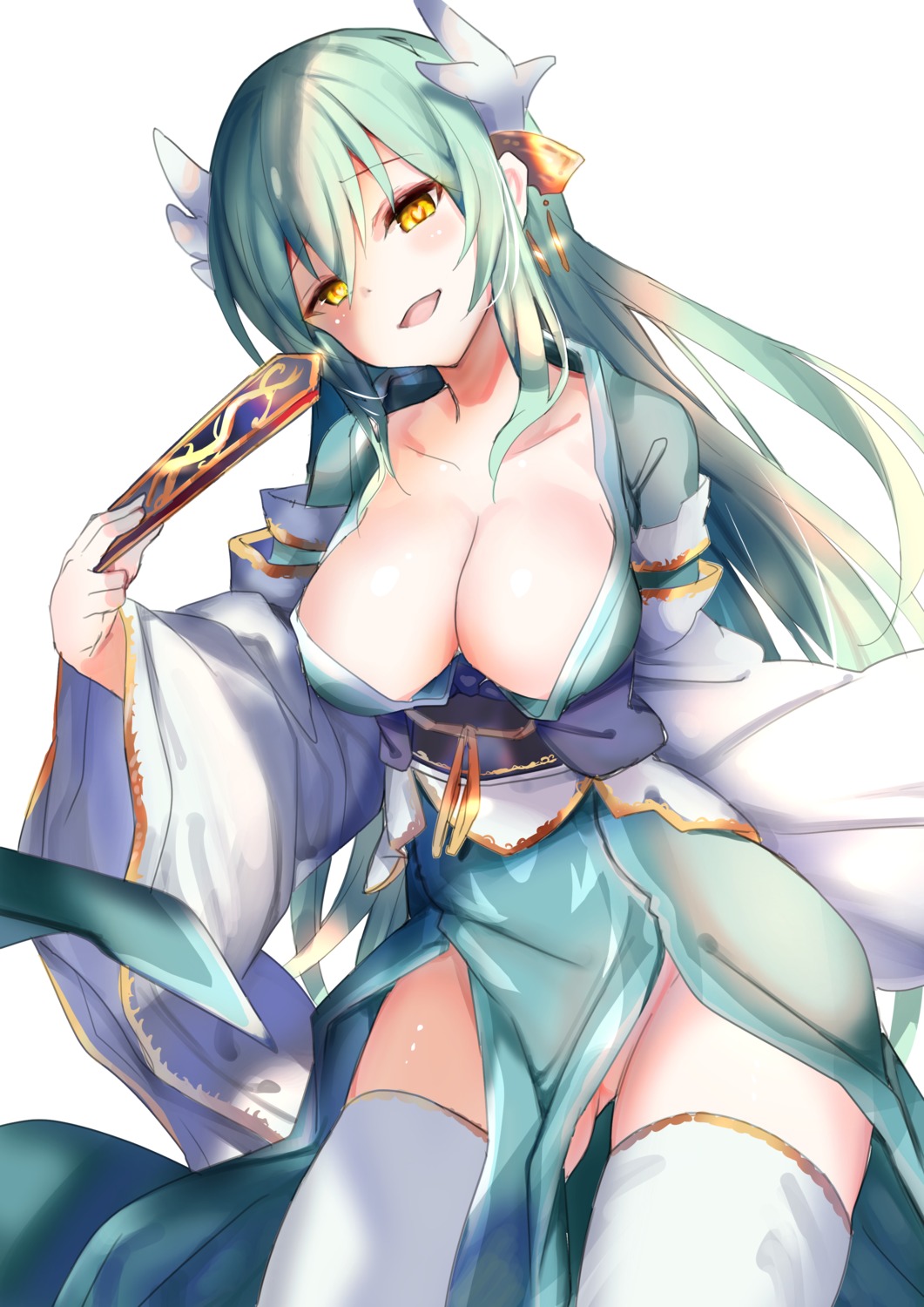 amamitsu_kousuke, cleavage, fate/grand_order, horns, japanese_clothes, kiyohime_(fate), no_bra, nopan, open_shirt, see_through, thighhighs