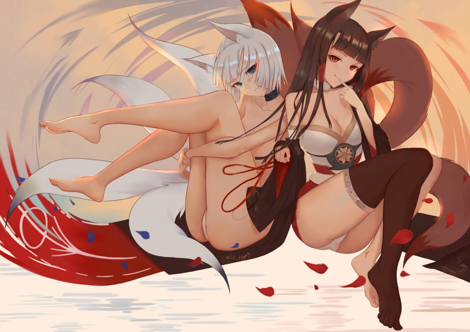 akagi_(azur_lane), animal_ears, azur_lane, cleavage, feet, japanese_clothes, kaga_(azur_lane), kitsune, ocarino, pantsu, tail, thighhighs, topless