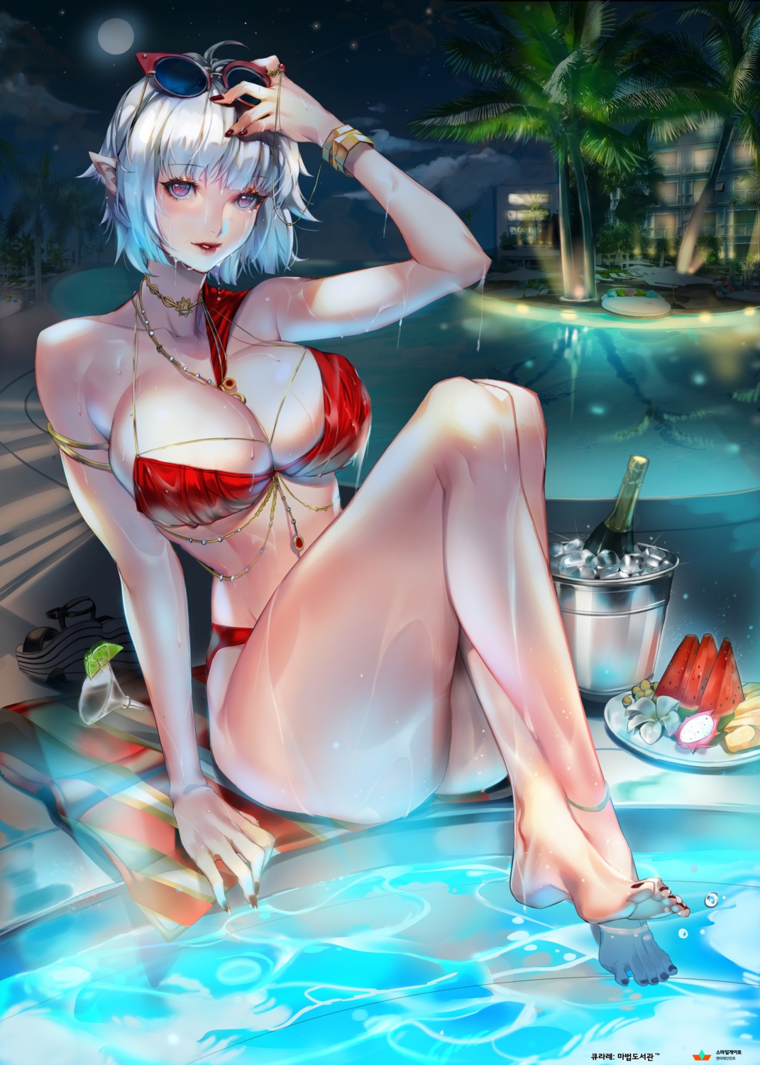 bikini, cleavage, feet, imp, megane, pointy_ears, swimsuits, wet