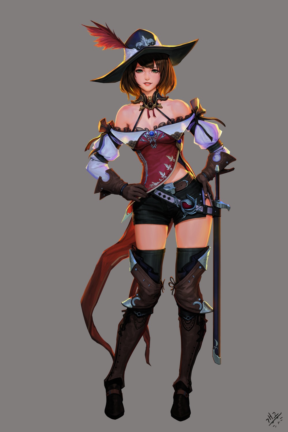 cleavage, daejun_park, sword, thighhighs