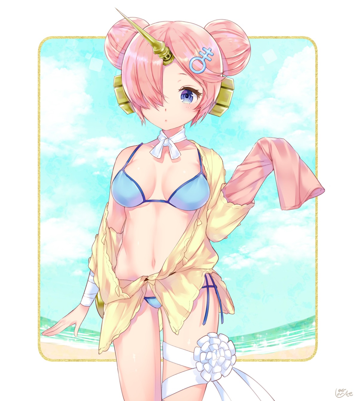 bikini, cleavage, fate/apocrypha, fate/grand_order, fate/stay_night, frankenstein's_monster_(fate), horns, open_shirt, swimsuits, urute