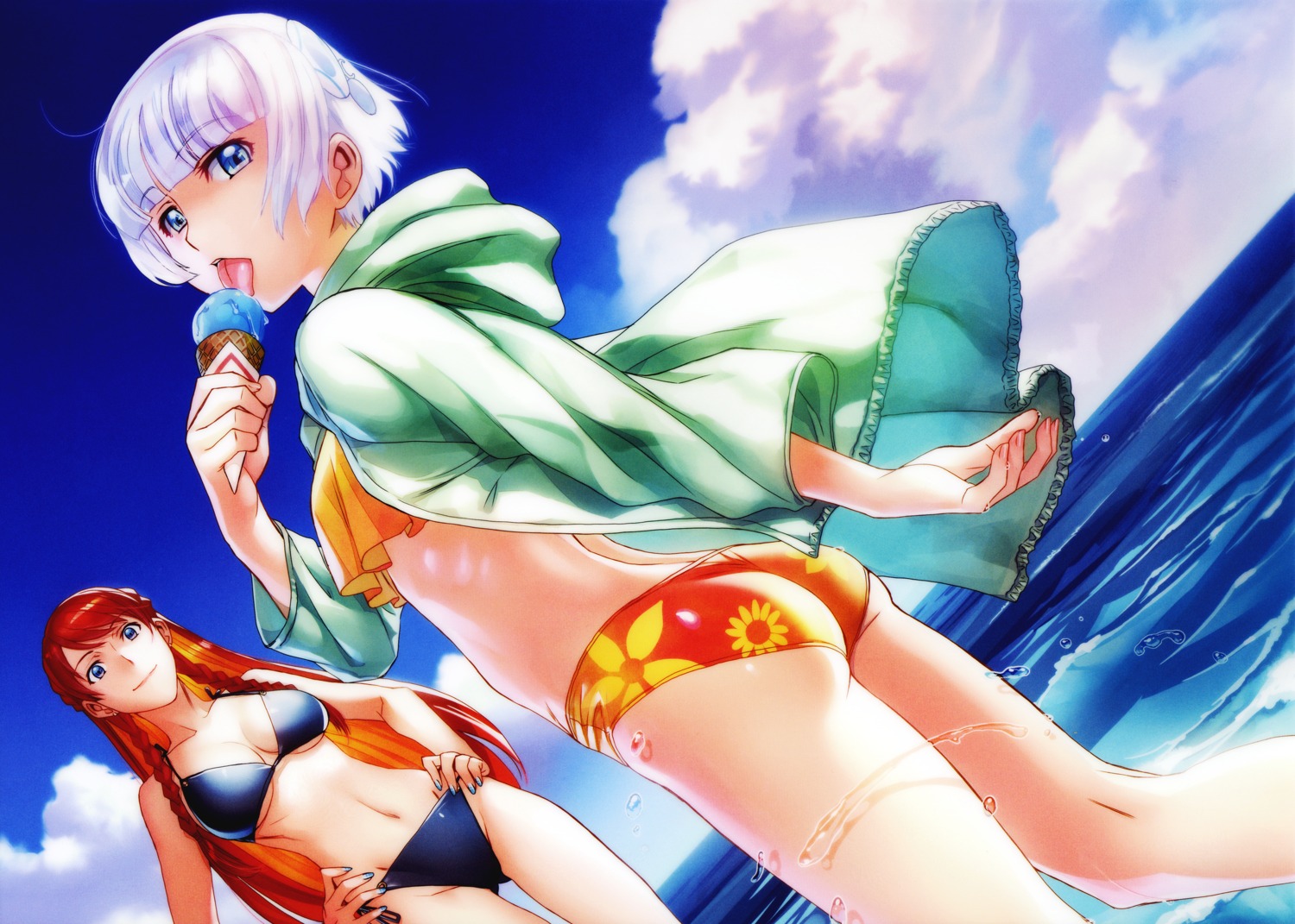 ass, bikini, cleavage, hiroe_rei, meteora_osterreich, open_shirt, re:creators, selestia_yupitiria, swimsuits, underboob