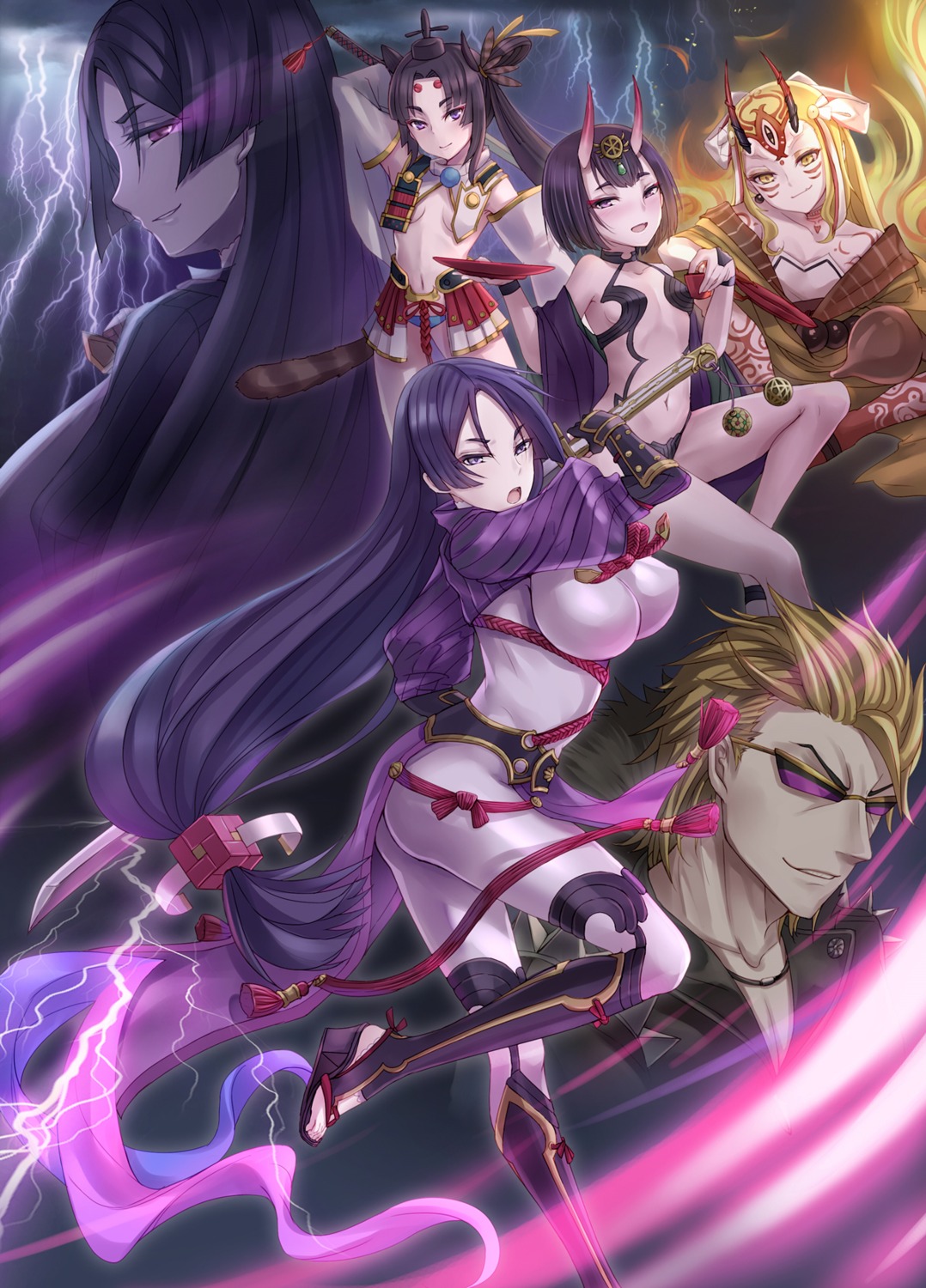 fate/grand_order, heels, horns, ibaraki_douji_(fate), japanese_clothes, megane, minamoto_no_raikou_(fate), no_bra