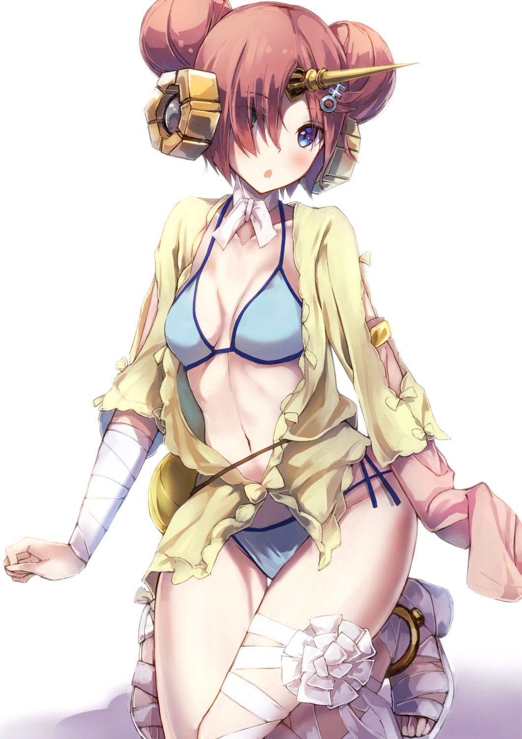 bandages, bikini, cleavage, fate/apocrypha, fate/grand_order, fate/stay_night, frankenstein's_monster_(fate), horns, konkito, open_shirt, swimsuits