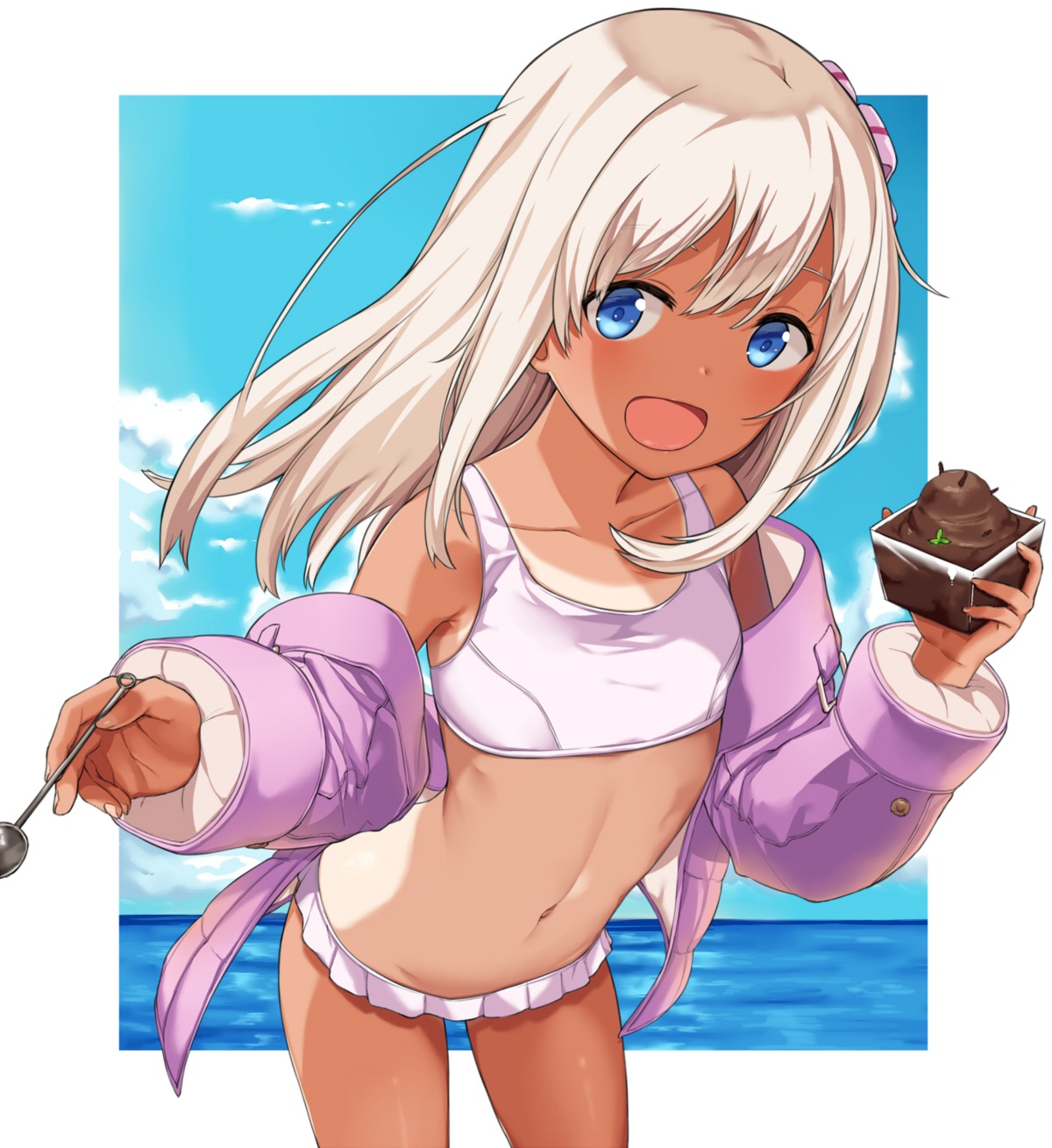 bikini, hai_ookami, kantai_collection, open_shirt, ro-500, swimsuits, tan_lines