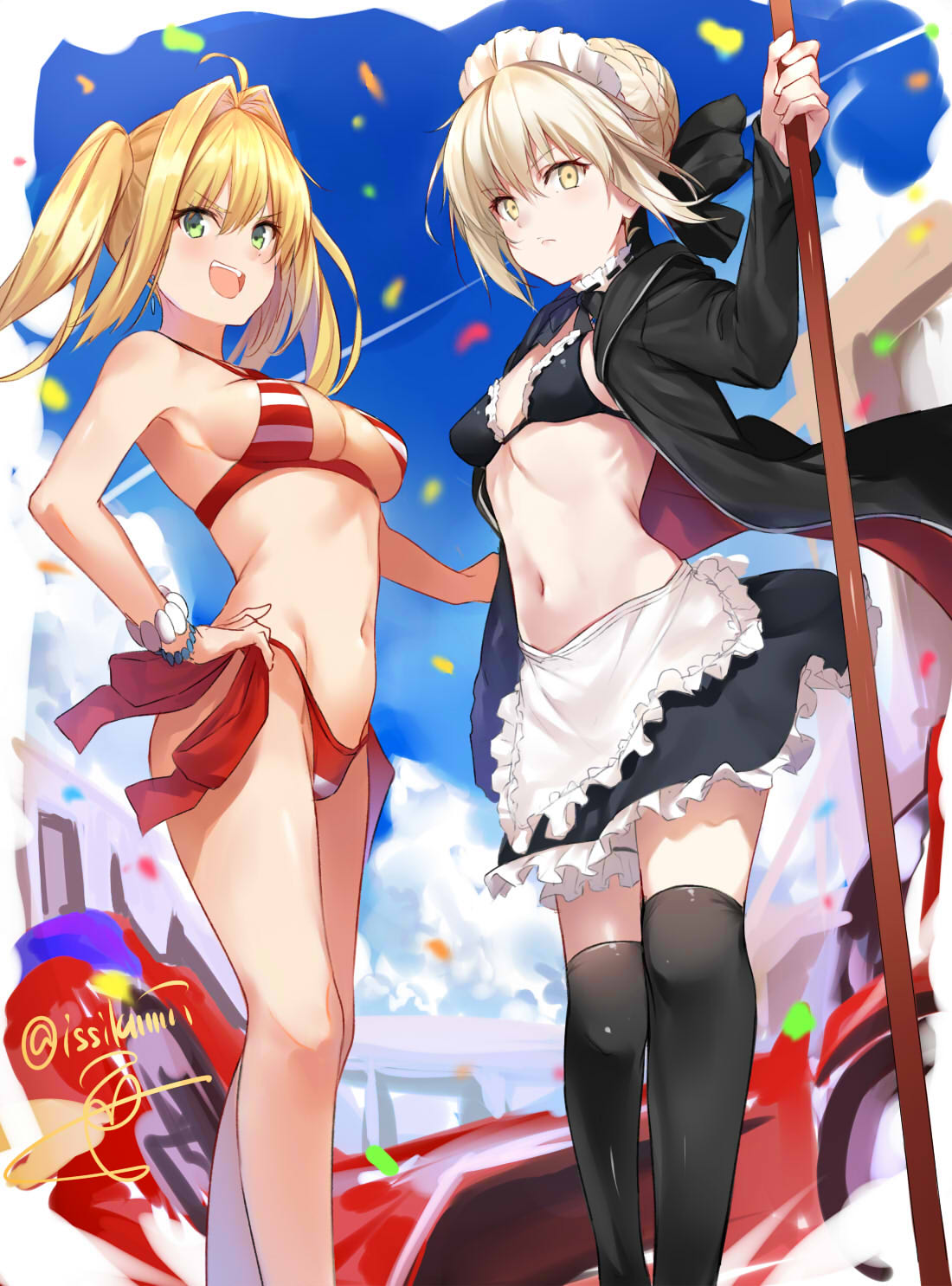 artoria_pendragon_(fate), artoria_pendragon_alter_(fate), bikini, bikini_top, fate/grand_order, garter, isshiki_(ffmania7), maid, nero_claudius_(fate), open_shirt, swimsuits, thighhighs