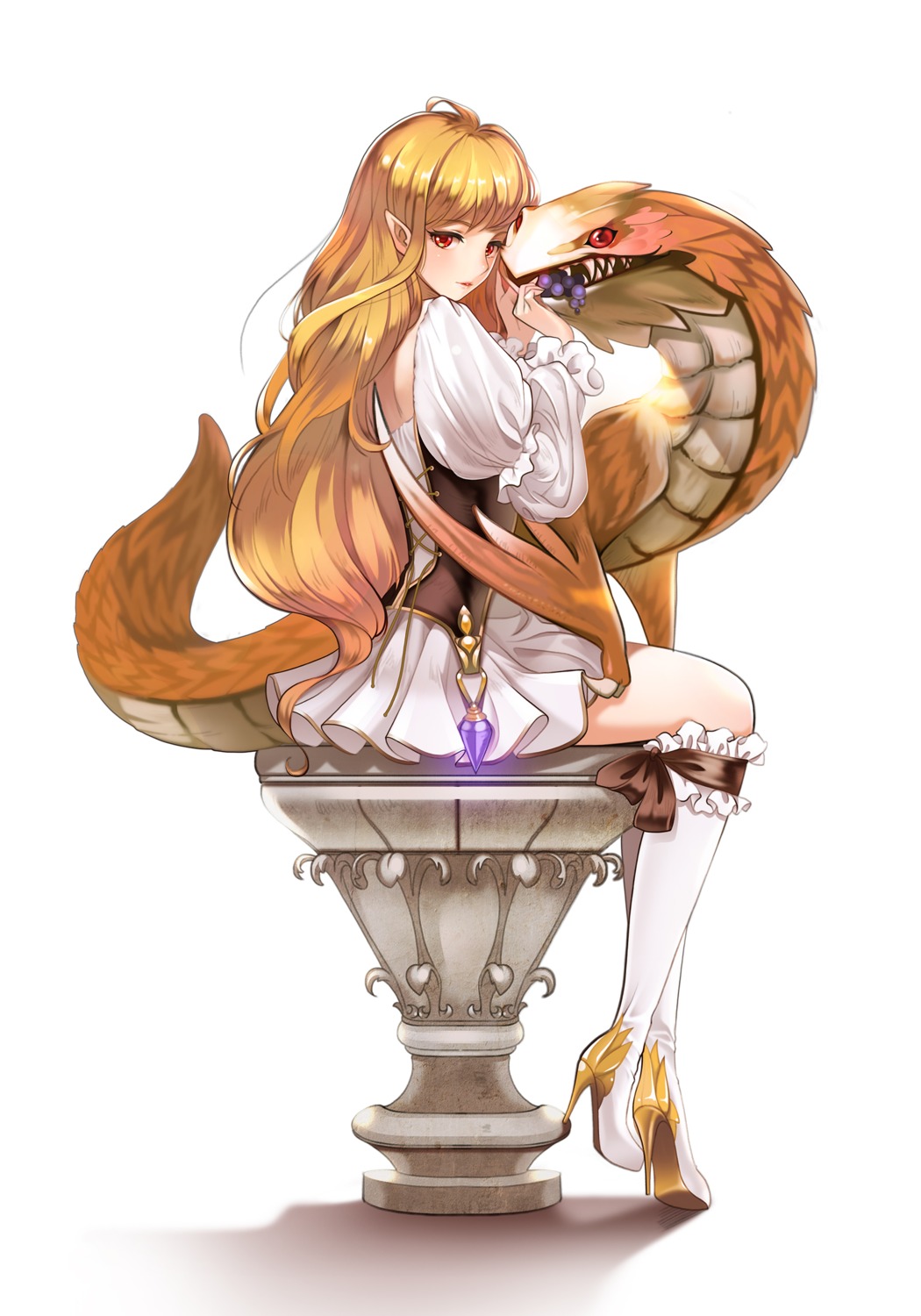 dress, heels, miyaza, pointy_ears