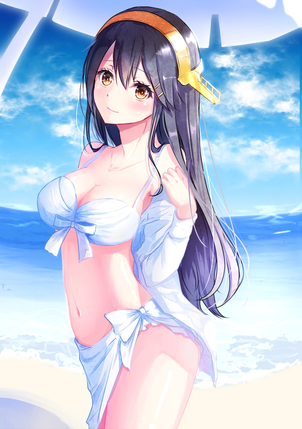 bikini_top, cleavage, haruna_(kancolle), kantai_collection, nekomaaro, open_shirt, swimsuits