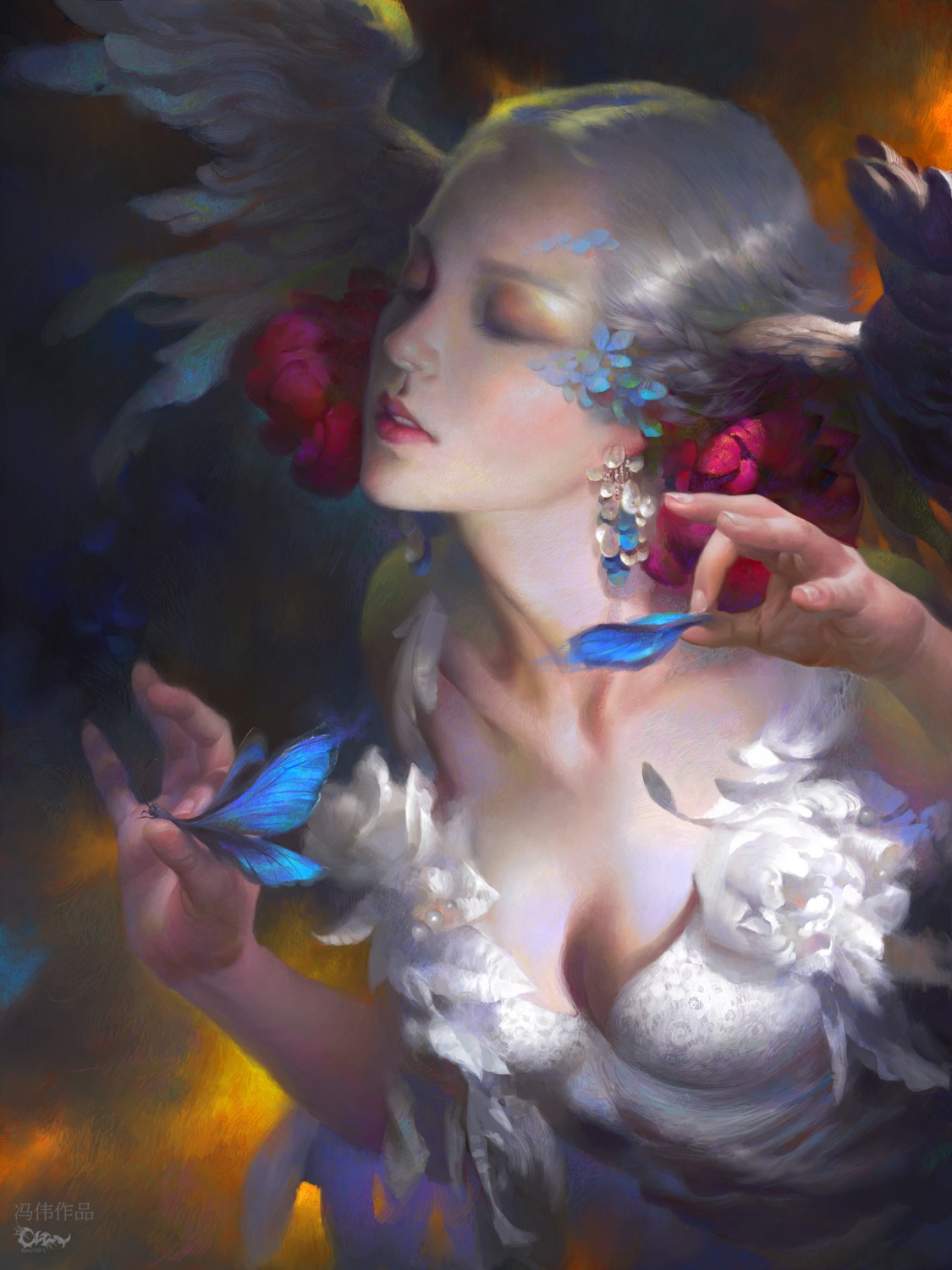 cleavage, dress, feng_wei_(artist), no_bra, wings