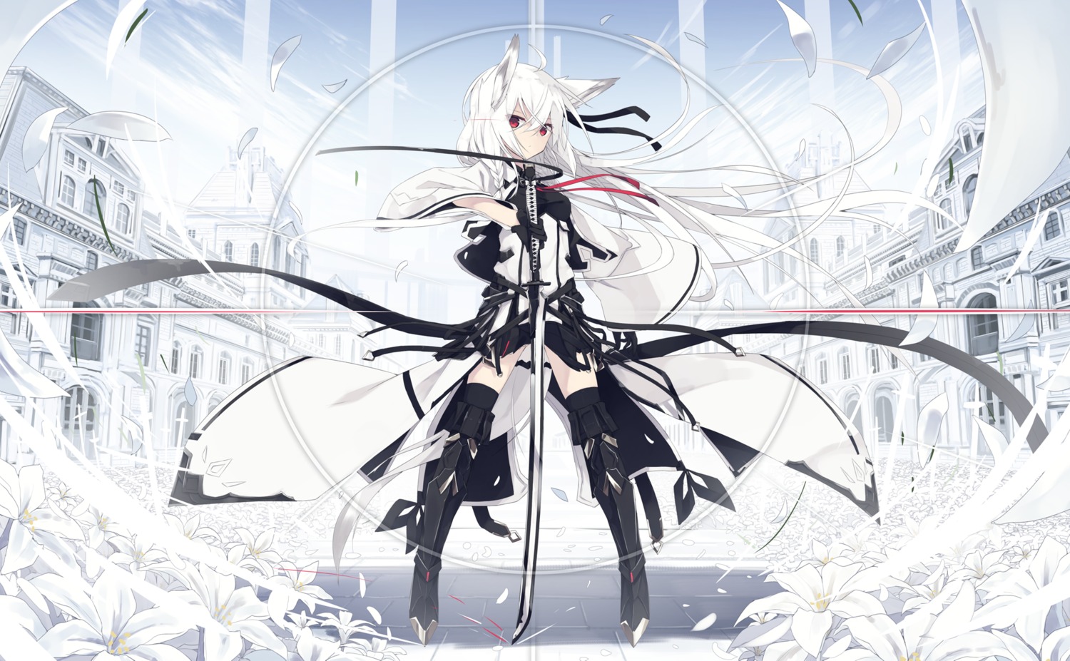 animal_ears, nagishiro_mito, sword, thighhighs, white_breath