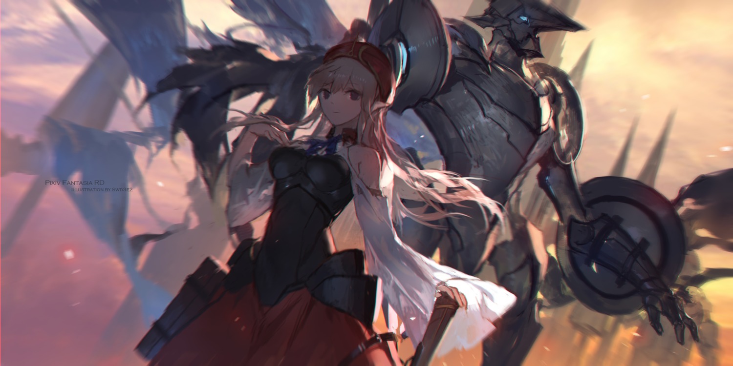 armor, elf, gun, mecha, official_watermark, pixiv_fantasia, pixiv_fantasia_revenge_of_the_darkness, pointy_ears