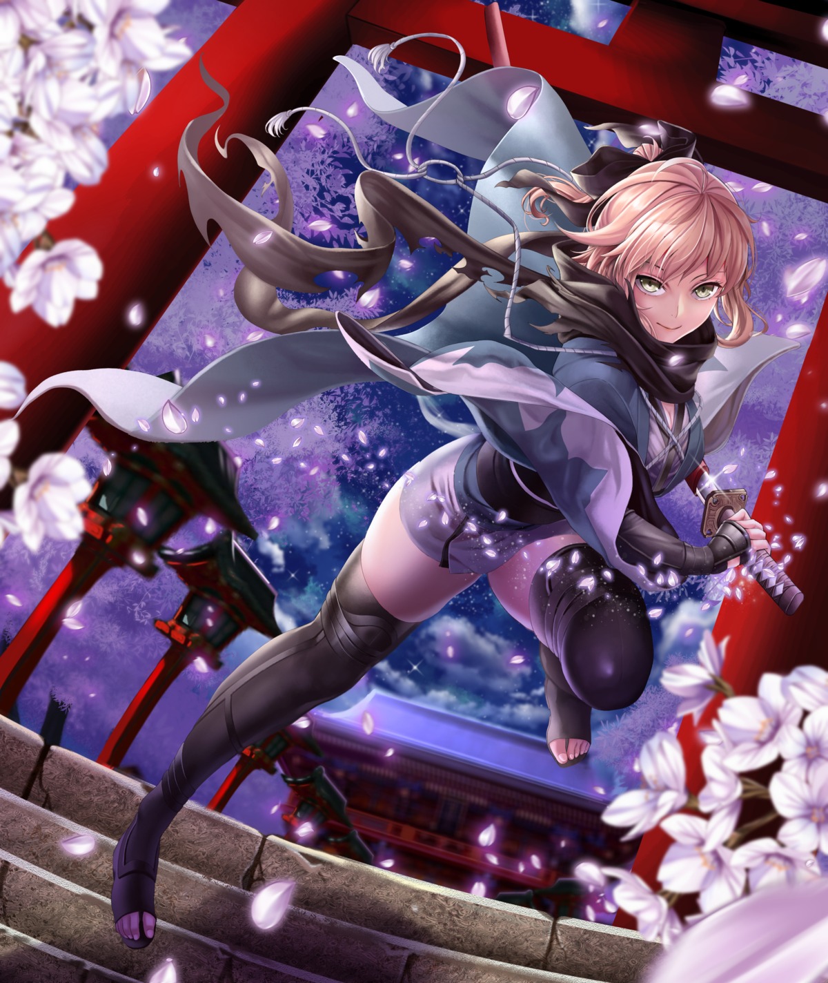cleavage, fate/grand_order, hasaya, japanese_clothes, okita_souji_(fate), sword, thighhighs