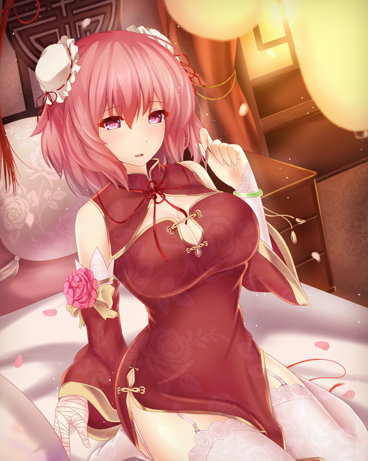 bandages, chinadress, cleavage, ibaraki_kasen, oxfirecar, stockings, thighhighs, touhou