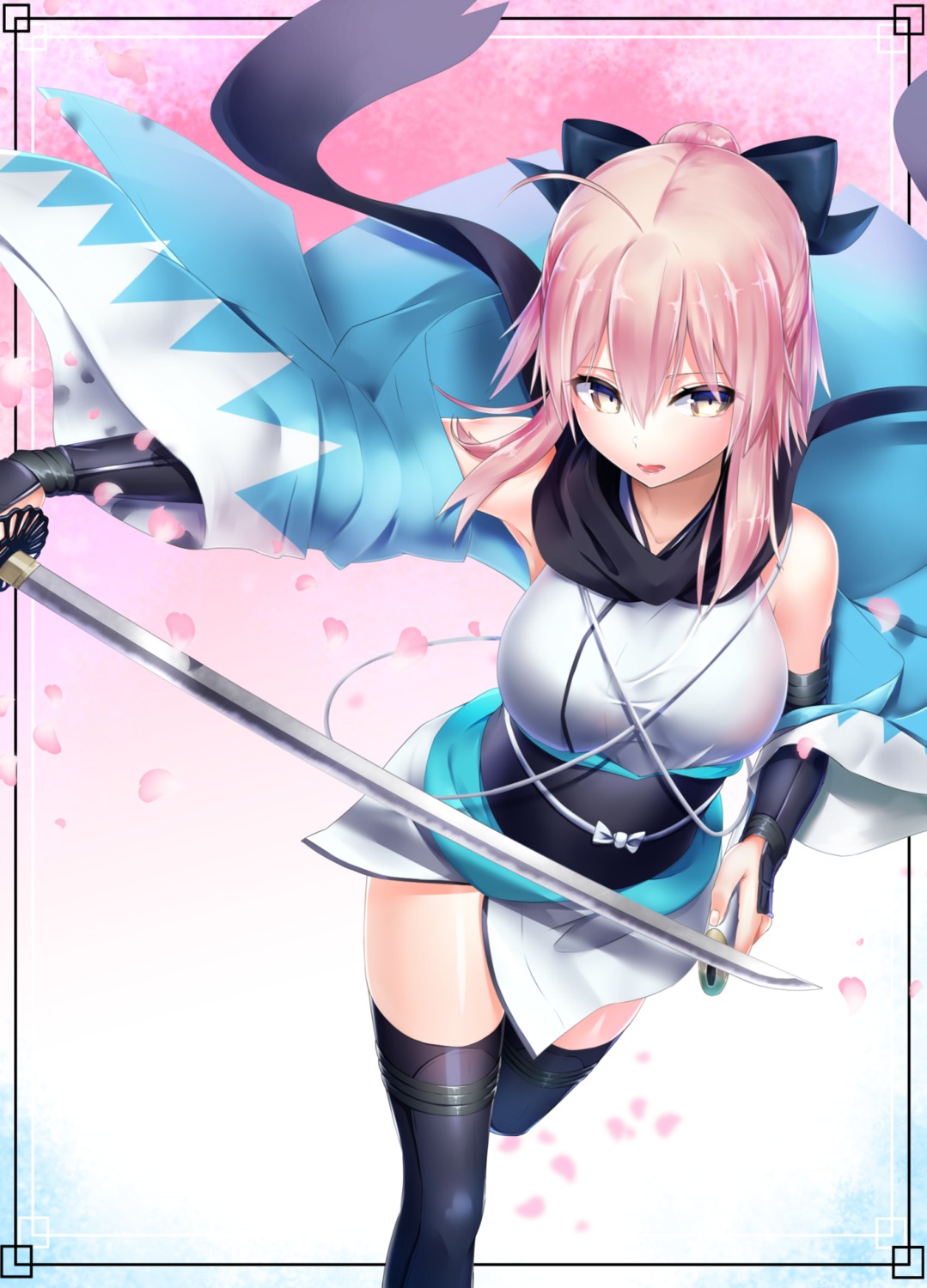 celeryma, fate/grand_order, japanese_clothes, okita_souji_(fate), sword, thighhighs