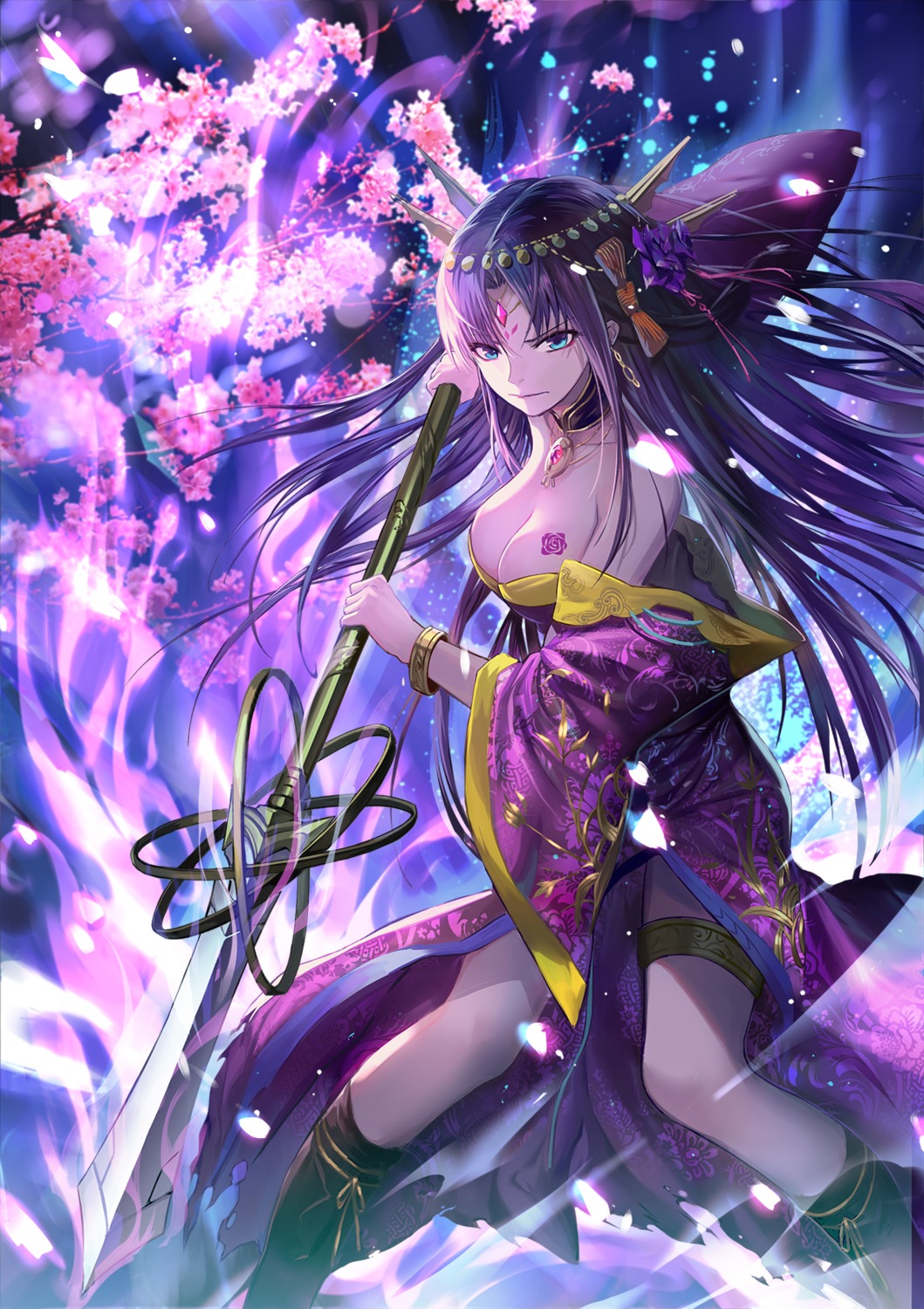 clare_(543), cleavage, garter, japanese_clothes, open_shirt, tattoo, weapon