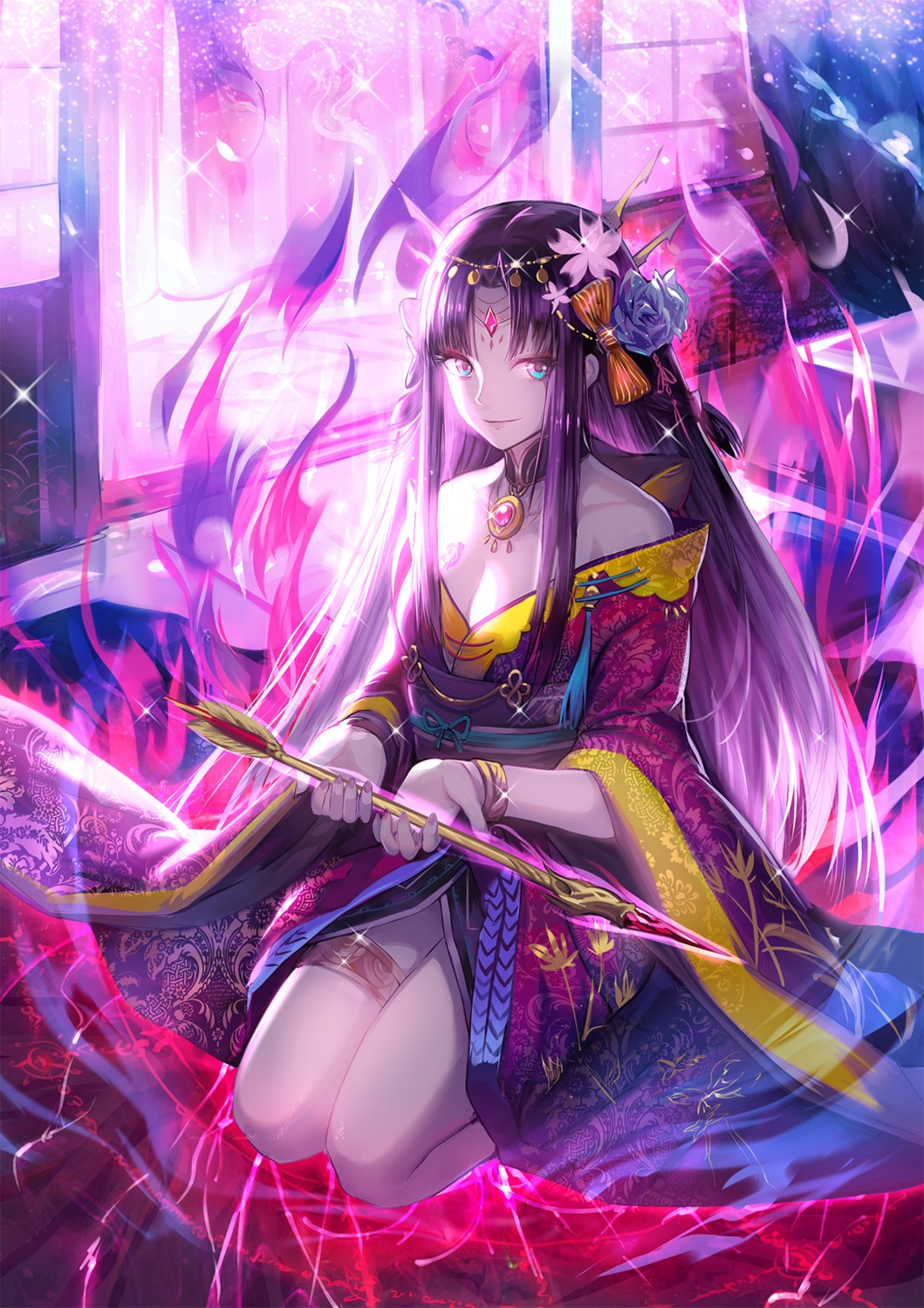 clare_(543), cleavage, garter, japanese_clothes, tattoo, weapon