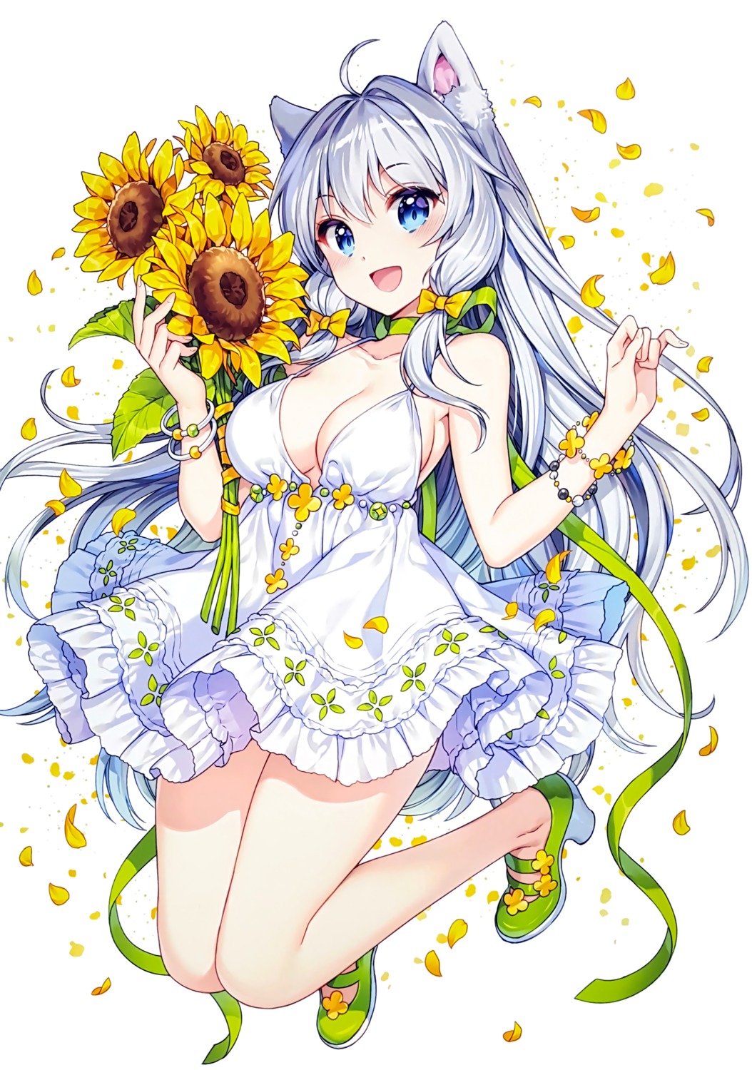 animal_ears, cleavage, dress, emilia_silverlion, heels, nardack, no_bra, overfiltered, summer_dress, world_teacher_isekai_shiki_kyouiku_agent