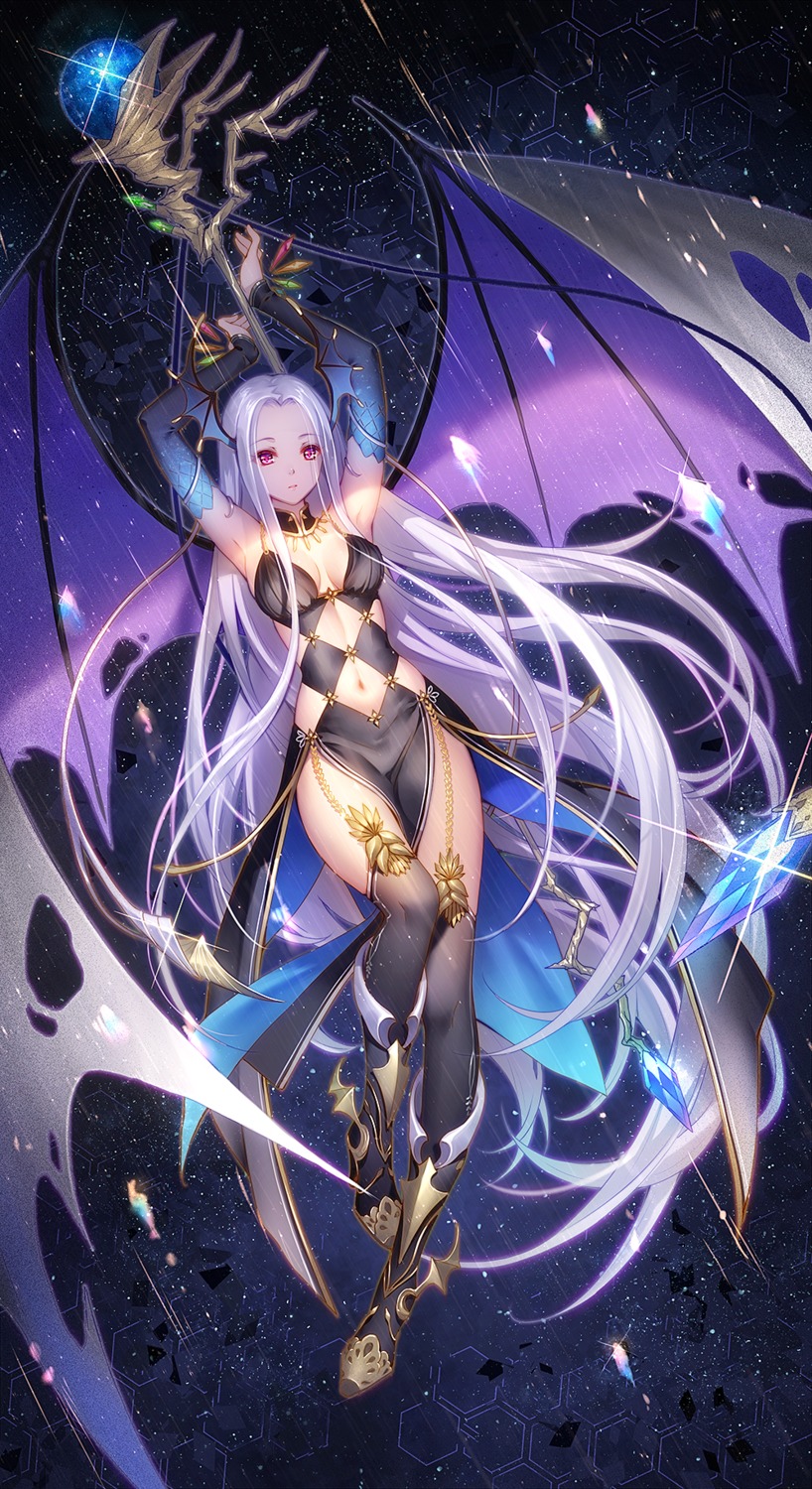 cleavage, shendaimenghuatan, stockings, thighhighs, tidsean, weapon, wings