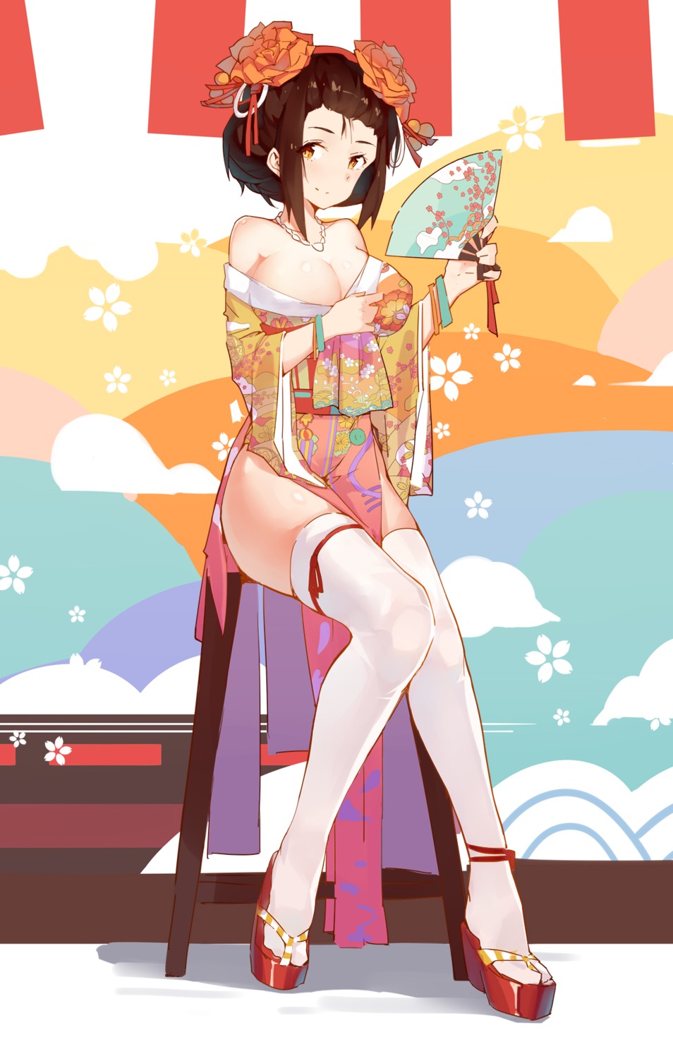 cleavage, kimono, open_shirt, shendaimenghuatan, thighhighs, uta_(artist)