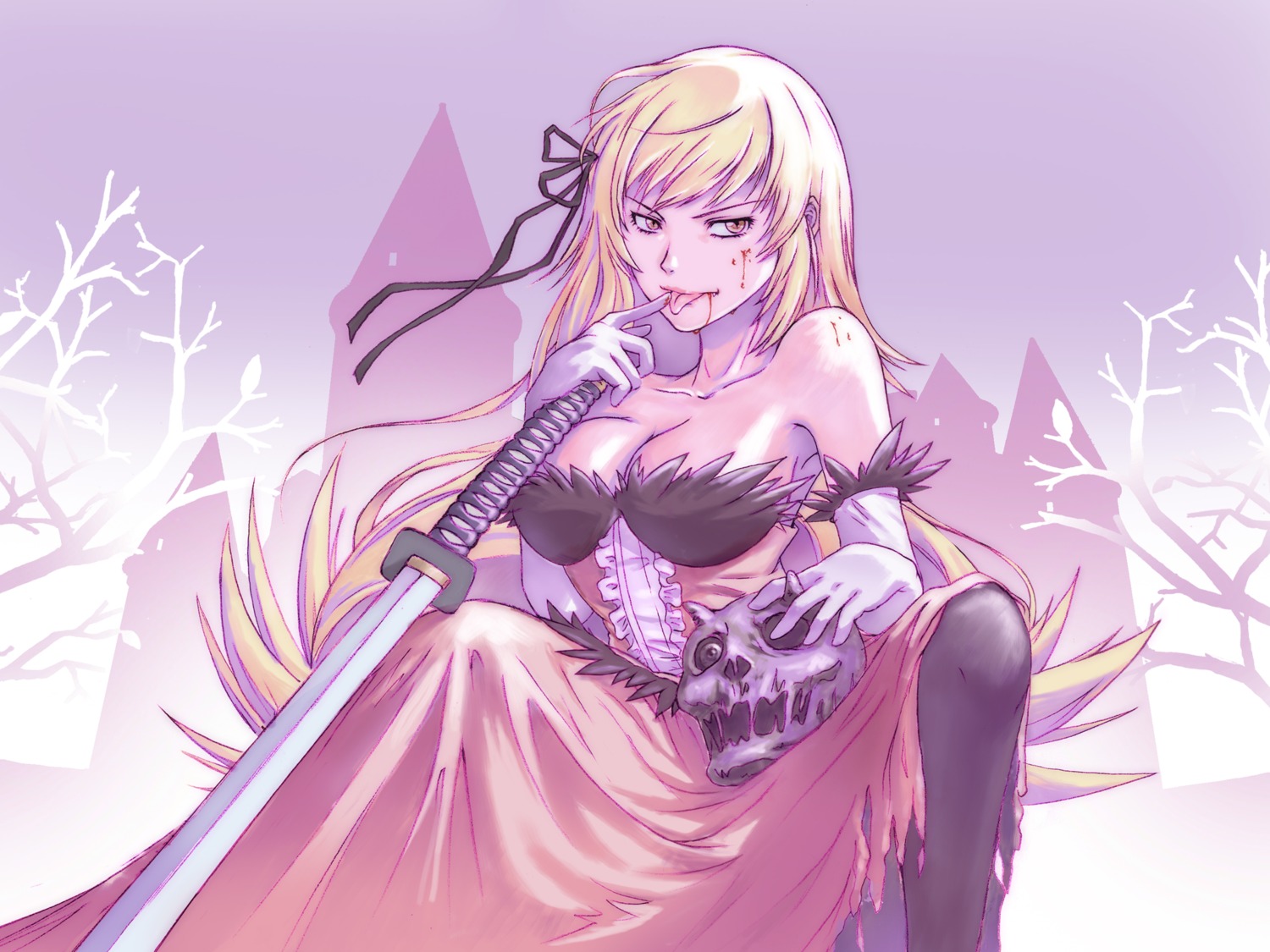 bakemonogatari, blood, cleavage, dress, kissshot_acerolaorion_heartunderblade, monogatari_(series), pantyhose, sword