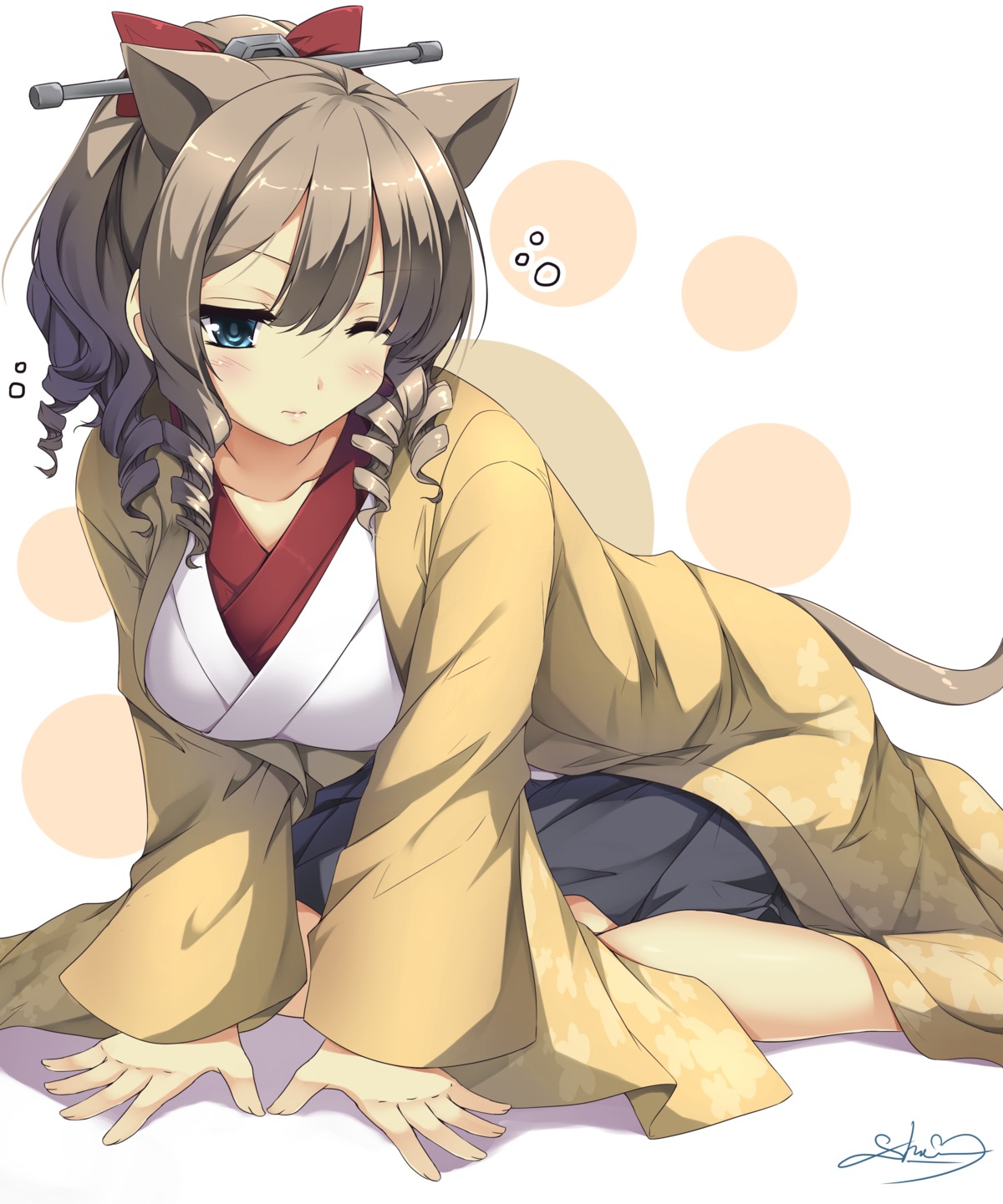 animal_ears, hatakaze_(kancolle), japanese_clothes, kantai_collection, nekomimi, sheita, tail