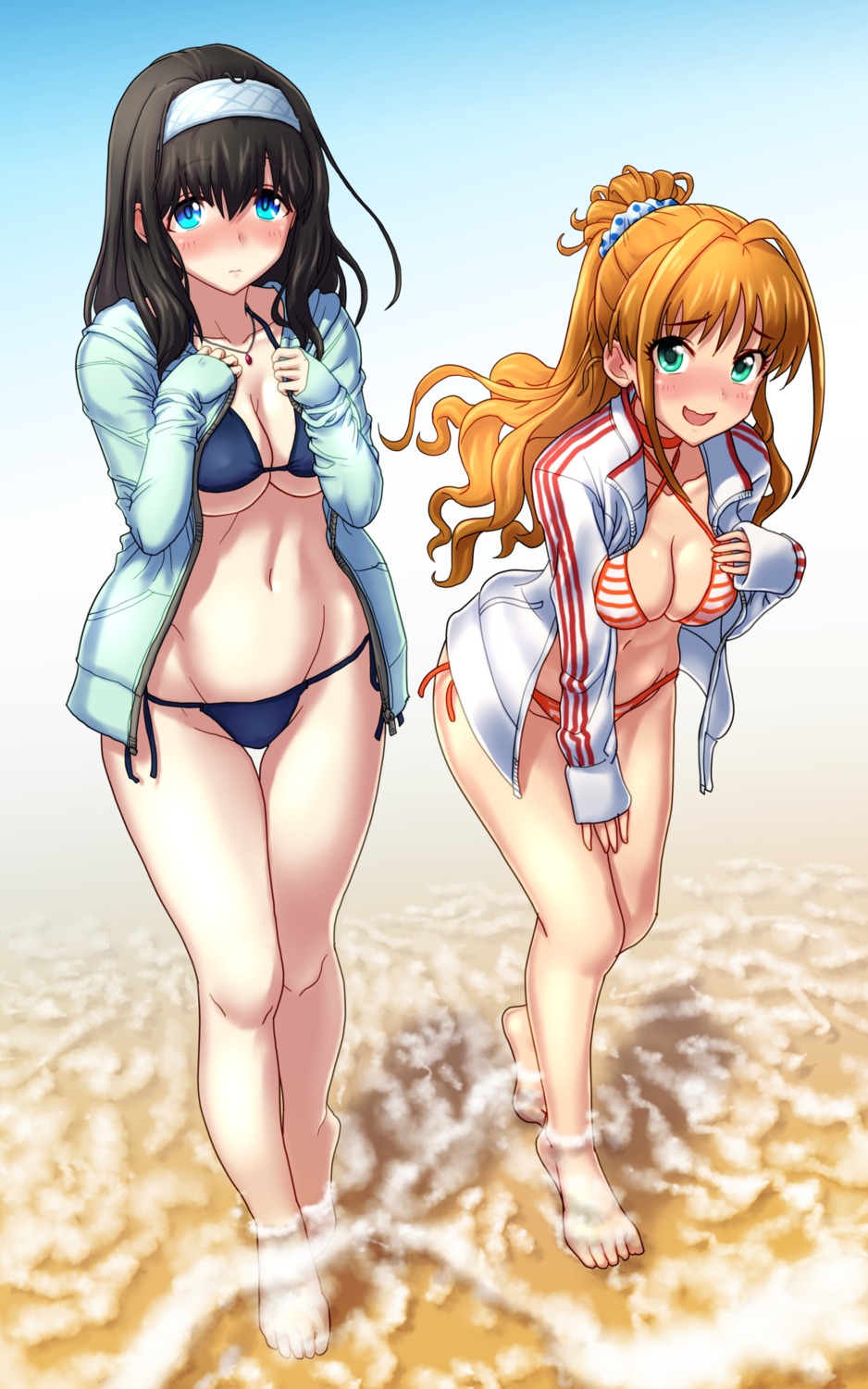 bikini, breast_hold, cleavage, hino_akane_(idolm@ster), kezune, open_shirt, sagisawa_fumika, swimsuits, the_idolm@ster, the_idolm@ster_cinderella_girls, underboob, wet