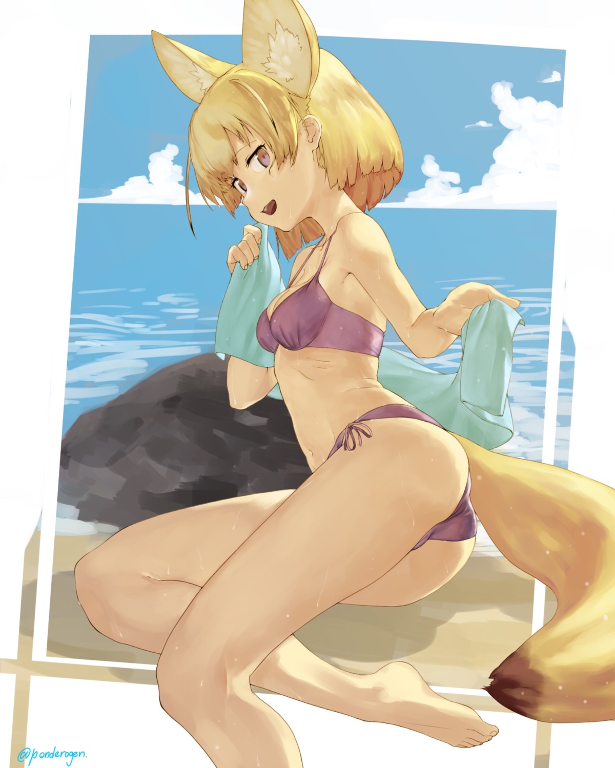 animal_ears, bikini, cleavage, feet, kemono_friends, ponderogen, swimsuits, tail