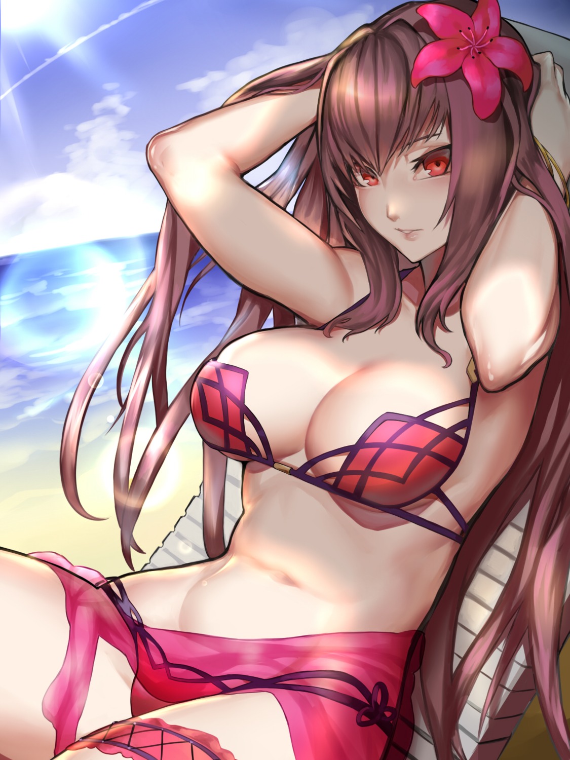 bikini, cleavage, fate/grand_order, garter, kumiko_shiba, scathach_(fate), see_through, swimsuits