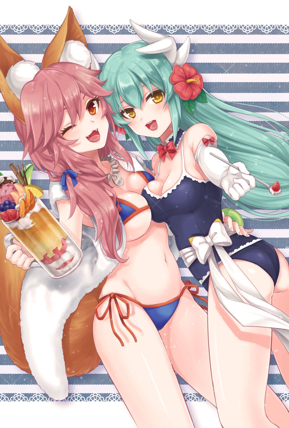 animal_ears, ass, bikini, cleavage, fate/grand_order, horns, kiyohime_(fate), pika_mouse, swimsuits, tail, tamamo_no_mae