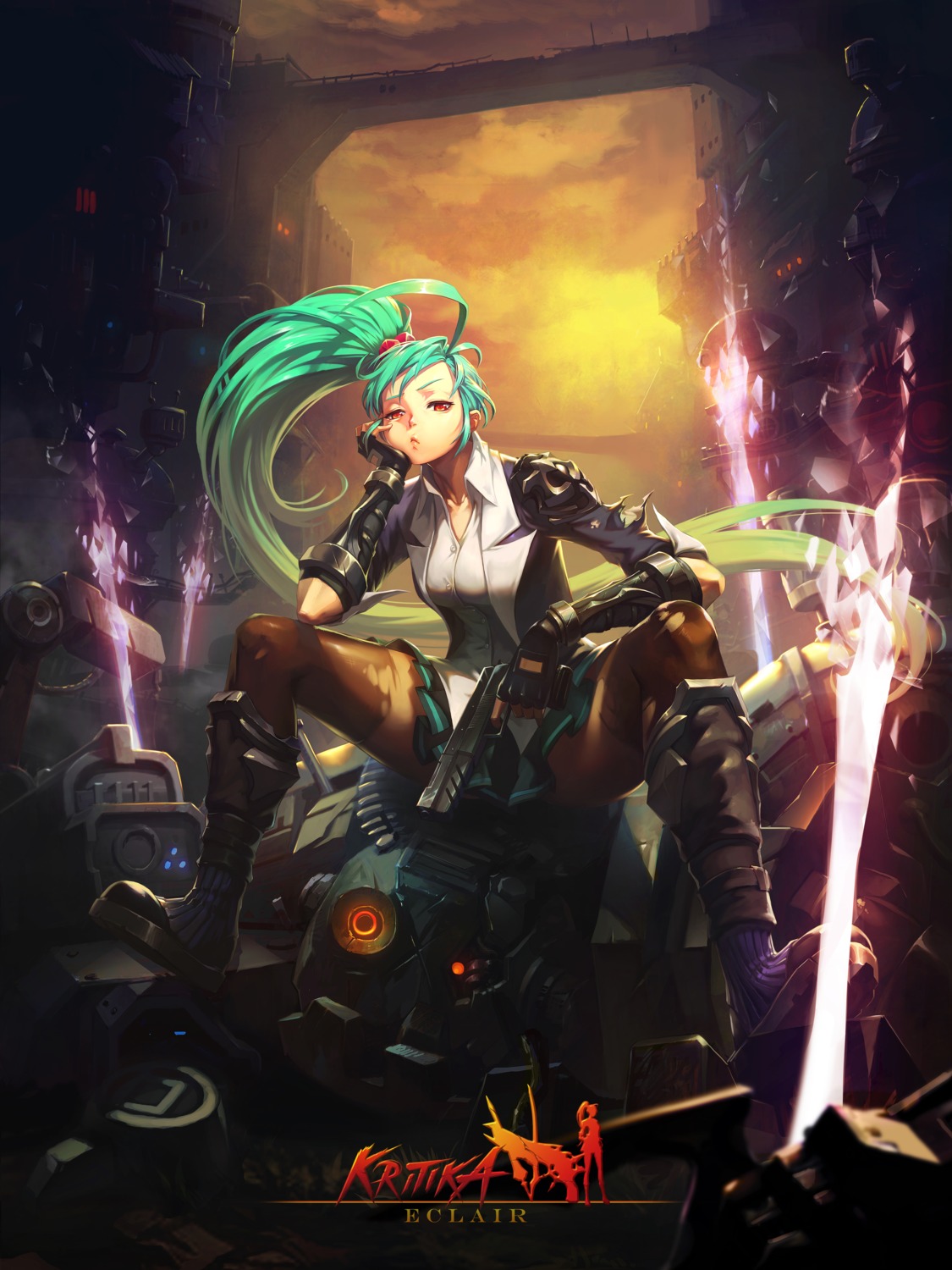 choi_eun_suk, eclair_(kritika), gun, kritika, mecha, thighhighs, torn_clothes