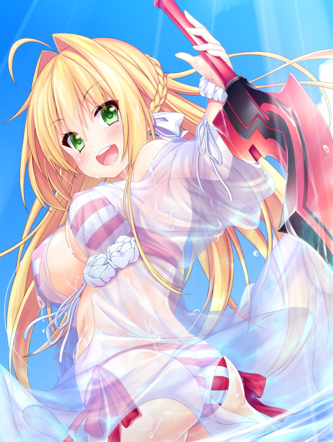 ass, bikini, cleavage, fate/grand_order, nero_claudius_(fate), see_through, swimsuits, sword