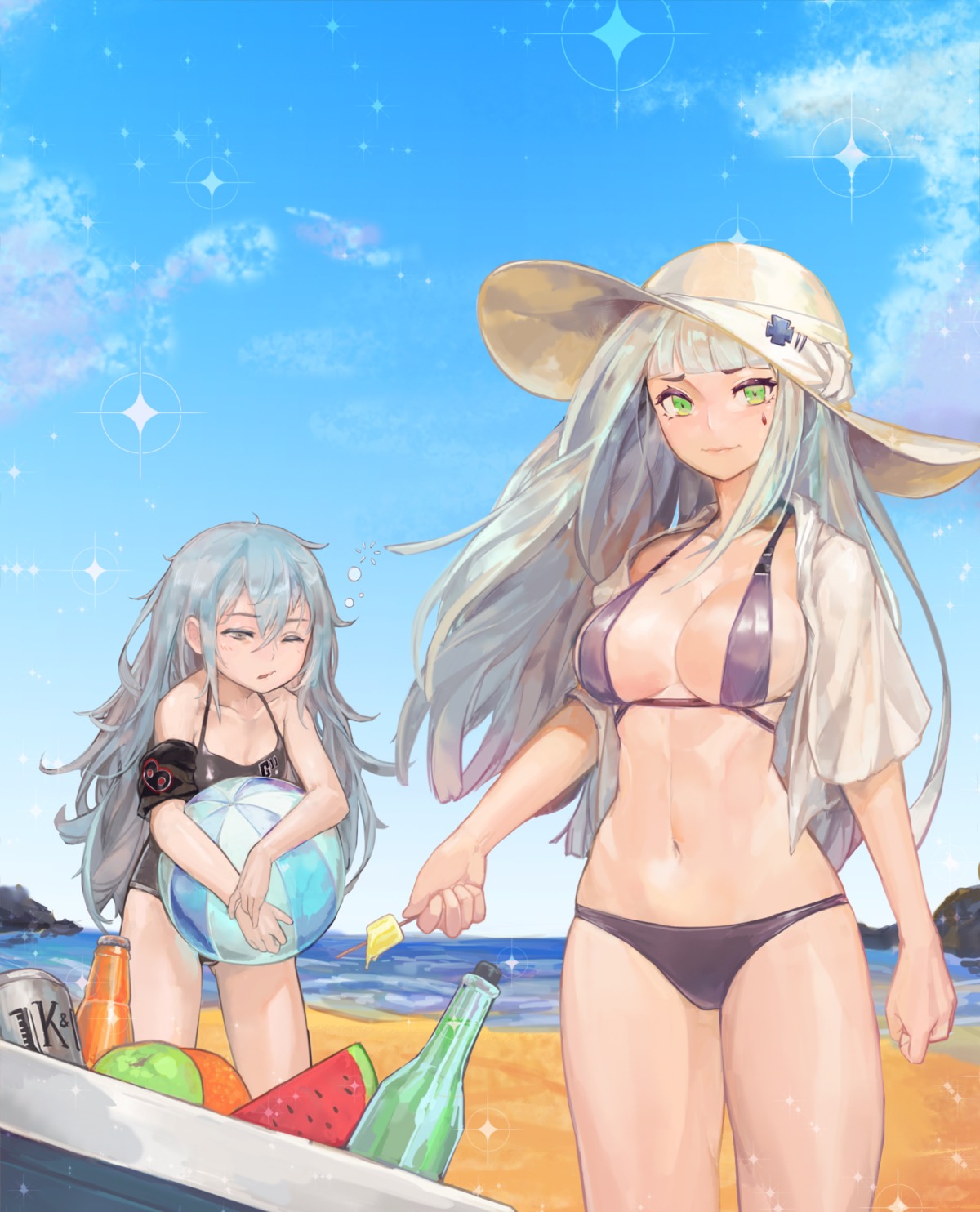 bikini, cleavage, g11_(girls_frontline), girls_frontline, hk416_(girls_frontline), swimsuits, tamidro, tattoo