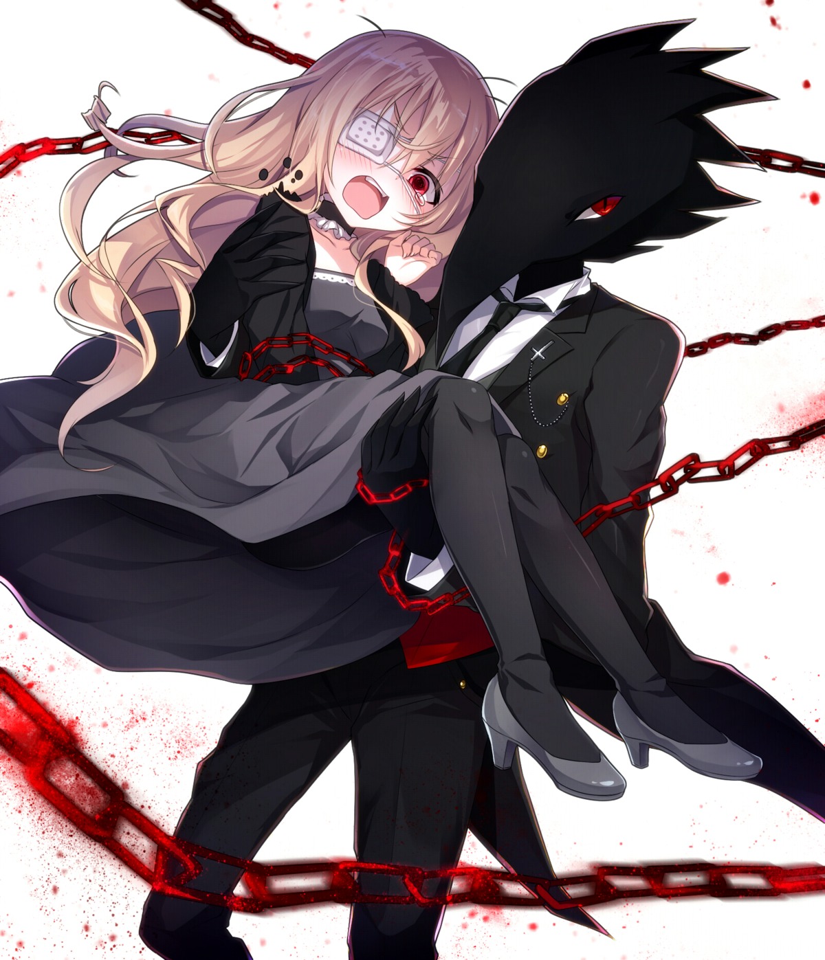 caron_(higyaku_no_noel), dress, emia_(castilla), eyepatch, heels, higyaku_no_noel, noel_cerquetti, pantyhose