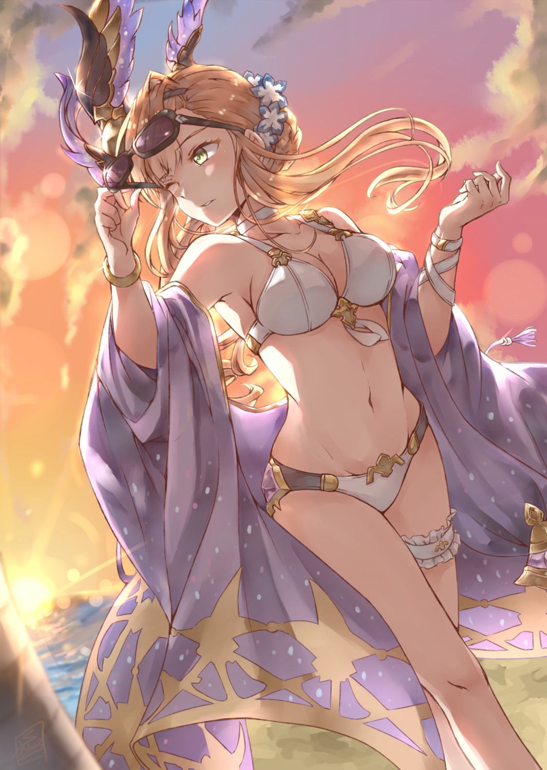 bikini, cleavage, garter, granblue_fantasy, limitless_skye, megane, open_shirt, song_(granblue_fantasy), swimsuits