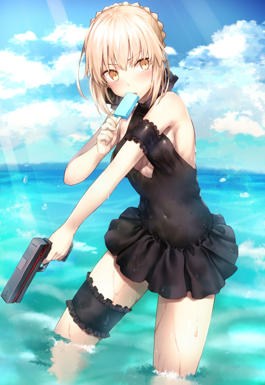 artoria_pendragon_(fate), artoria_pendragon_alter_(fate), cleavage, fate/grand_order, garter, gun, omochi_no_kimochi, swimsuits, wet