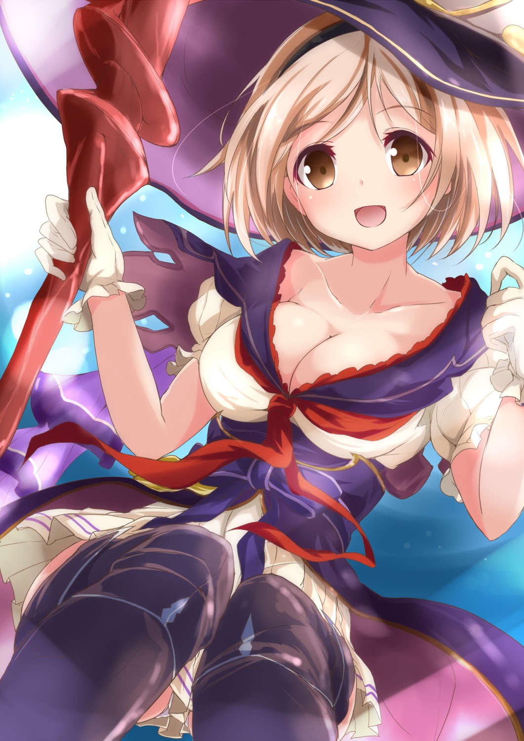 cleavage, djeeta_(granblue_fantasy), granblue_fantasy, nanaume_(shichimi_tougarashi), thighhighs, weapon, witch