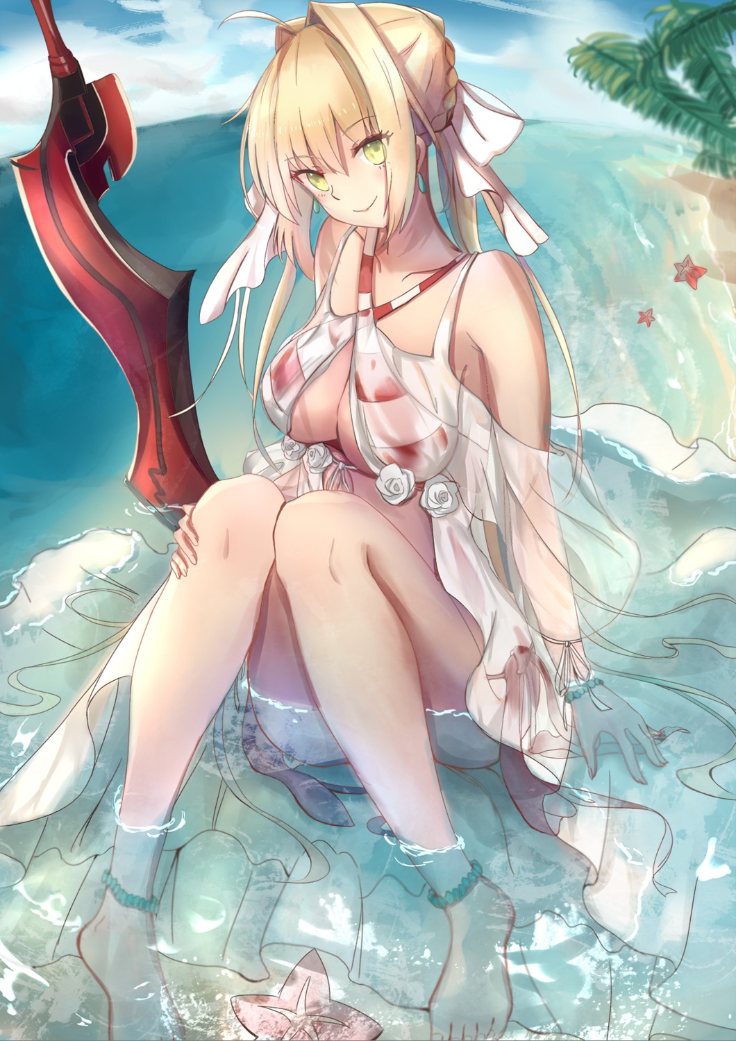 bikini, cleavage, dress, fate/grand_order, feet, miakiuehashi, nero_claudius_(fate), open_shirt, see_through, summer_dress, swimsuits, sword, wet
