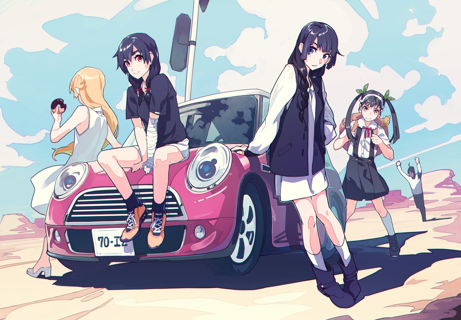 araragi_koyomi, bakemonogatari, bandages, dress, hachikuji_mayoi, heels, kamameshi_gougoumaru, kanbaru_suruga