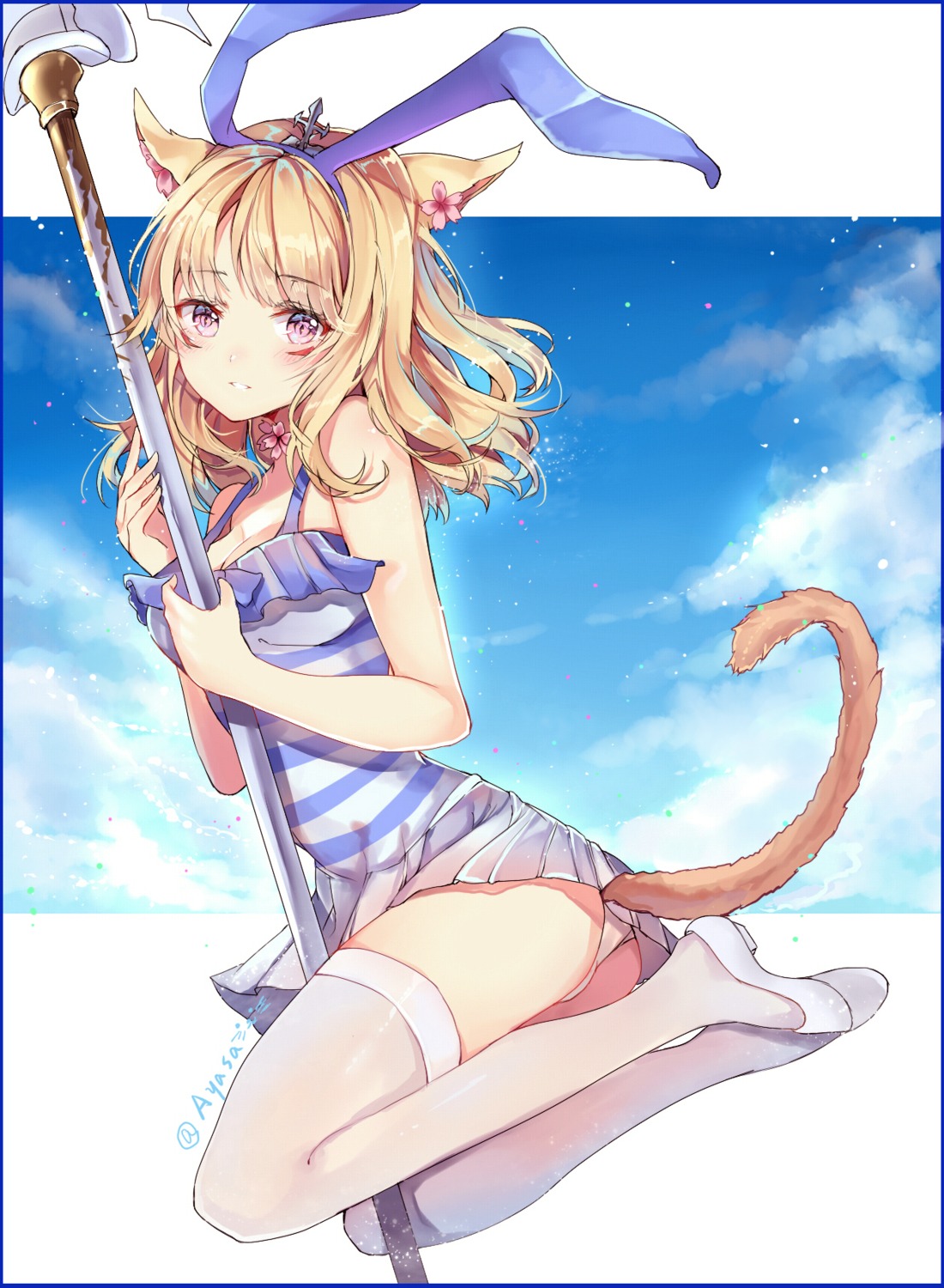 animal_ears, cleavage, final_fantasy, final_fantasy_xiv, miqo'te, pantsu, tail, takitou, thighhighs, weapon