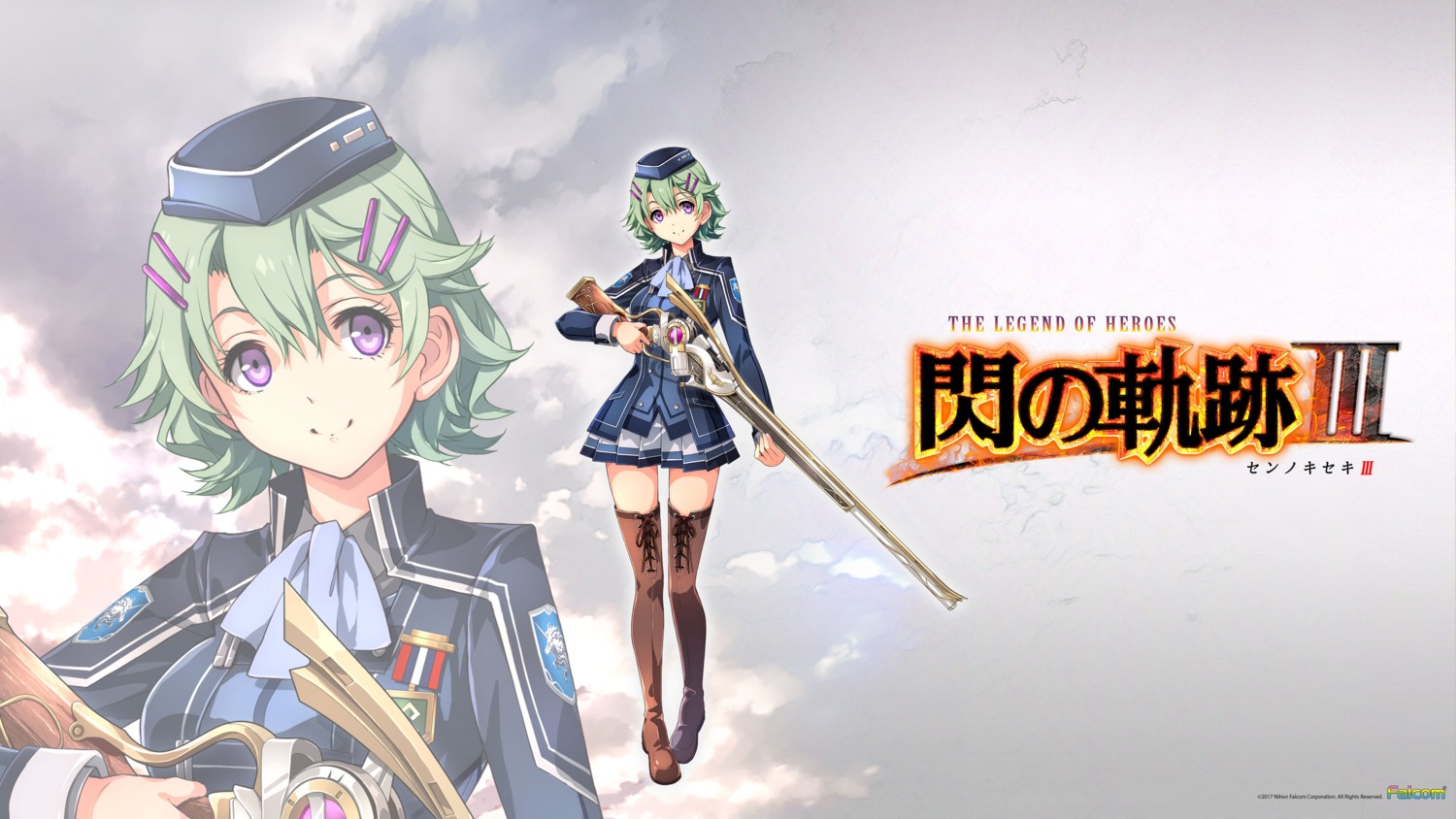 eiyuu_densetsu, eiyuu_densetsu:_sen_no_kiseki, falcom, gun, musse_egret, thighhighs, uniform, wallpaper