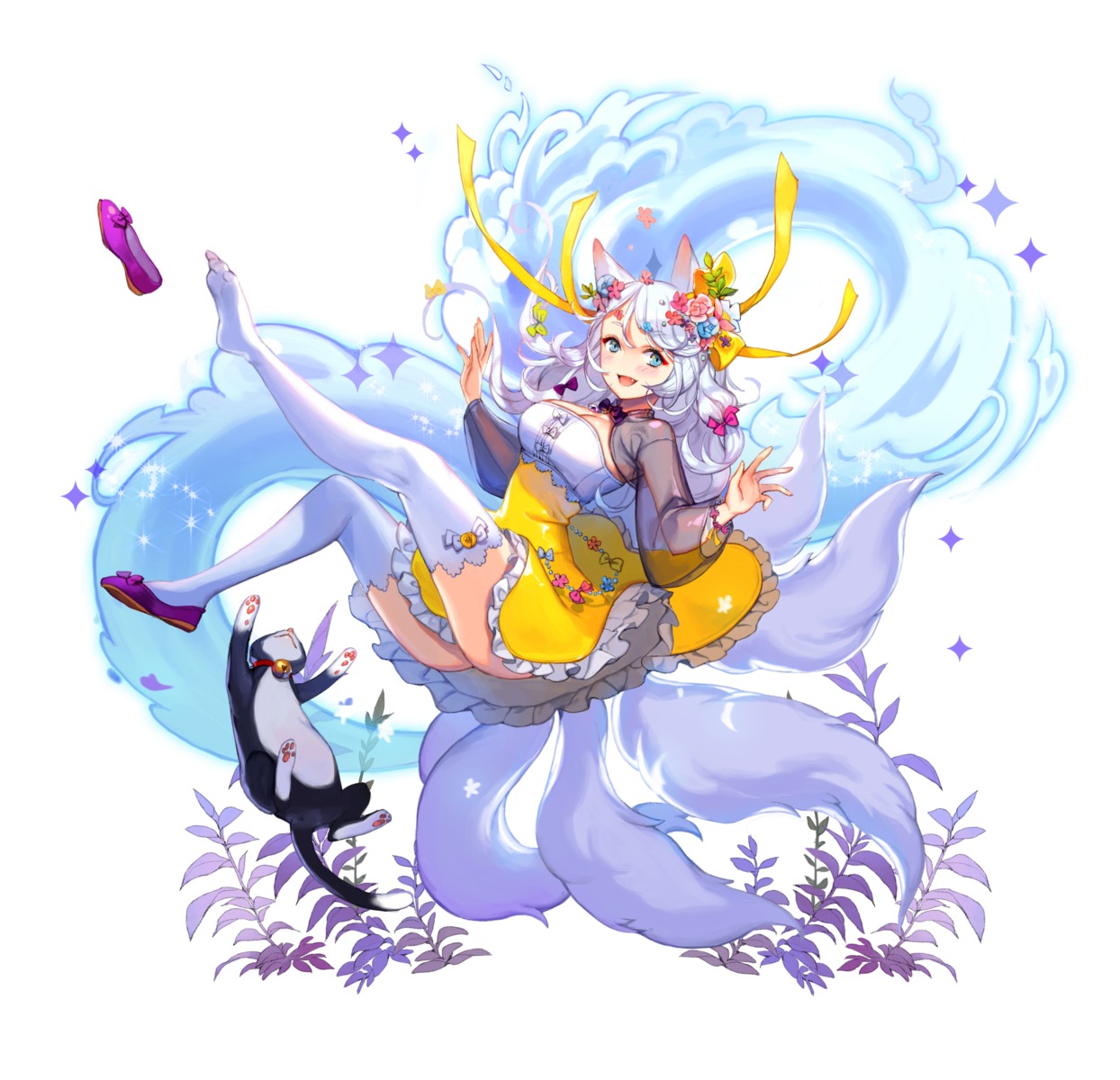 animal_ears, ask_(dreaming_cat), dress, kitsune, neko, thighhighs