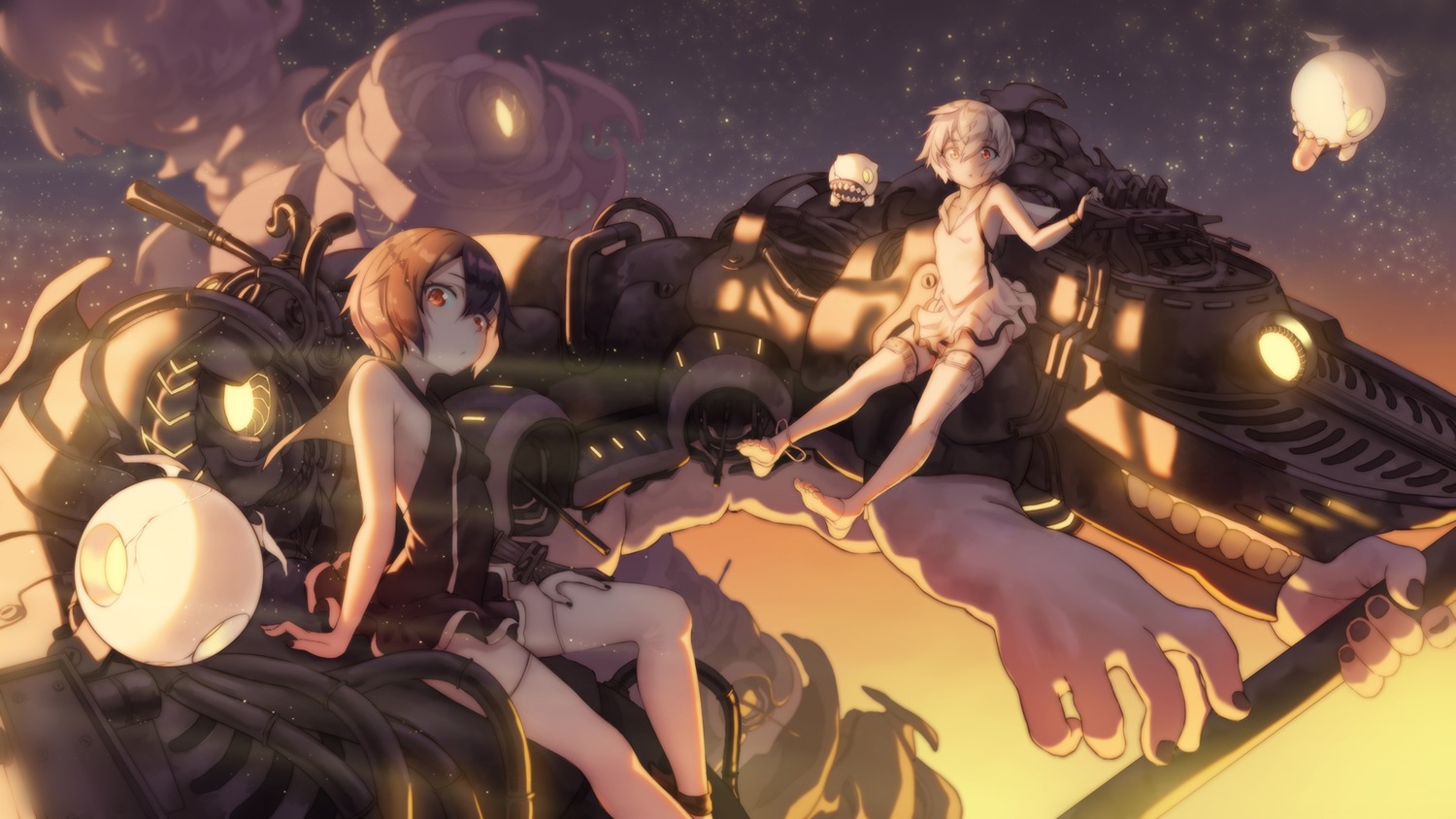 abyssal_twin_hime_(black), abyssal_twin_hime_(white), dress, kantai_collection, songchuan_li, thighhighs, wallpaper