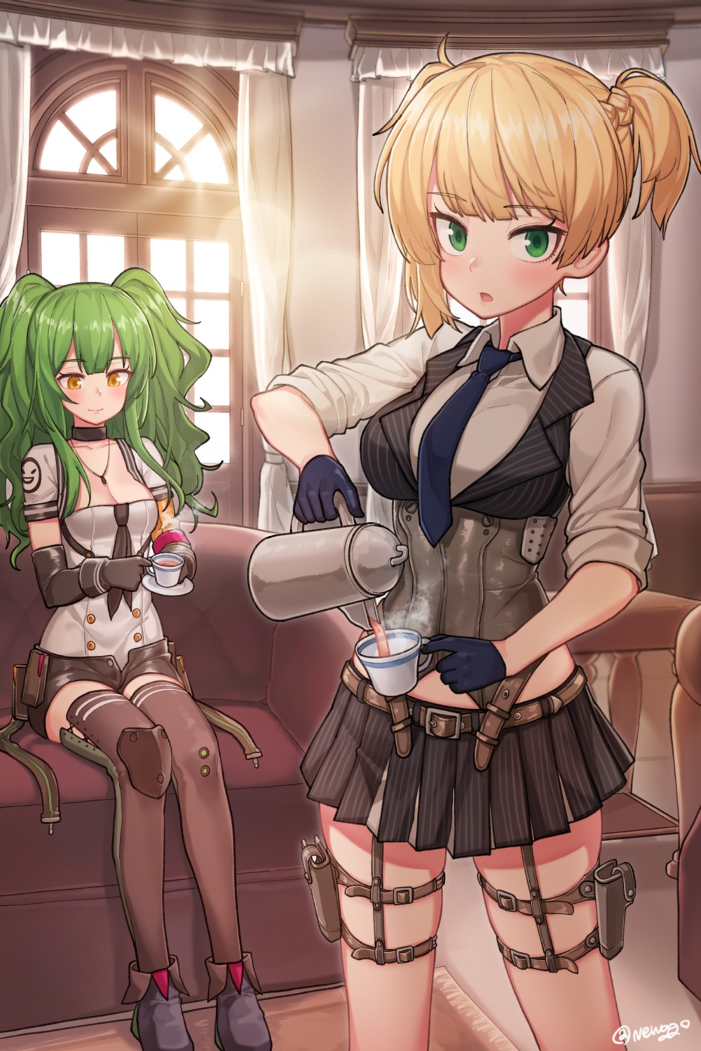 cleavage, funako_(newggo), garter, girls_frontline, m950a_(girls_frontline), seifuku, thighhighs, welrod_mk2_(girls_frontline)