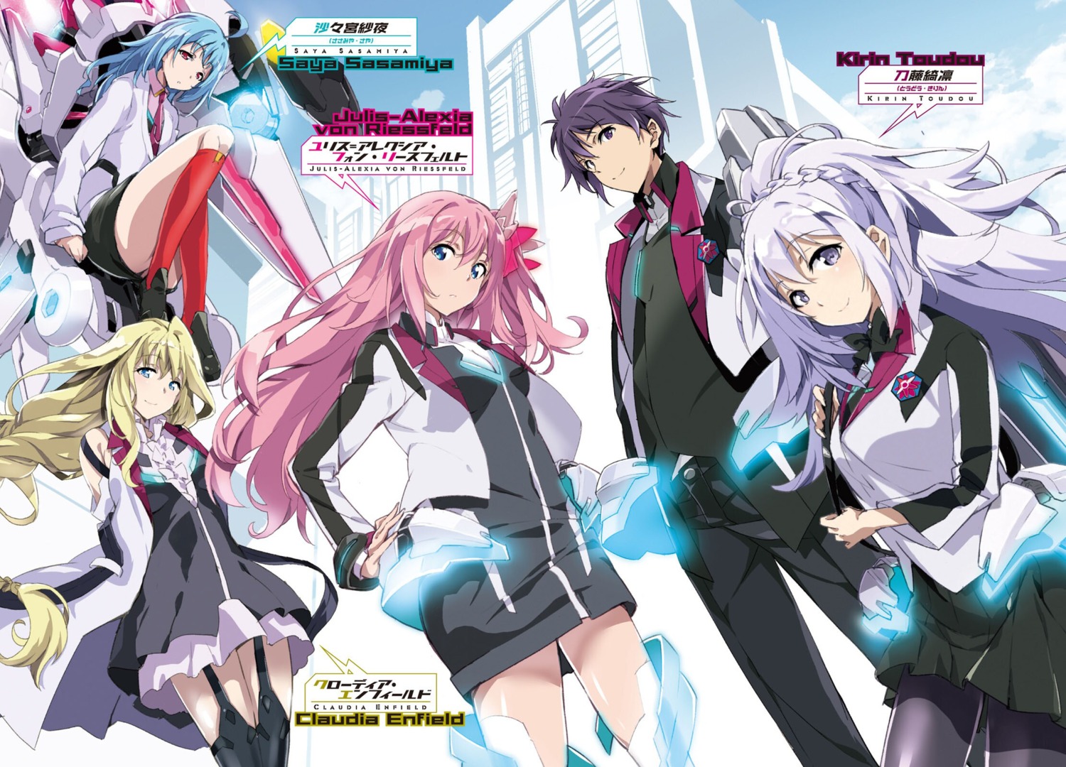 amagiri_ayato, claudia_einfield, gakusentoshi_asterisk, julis-alexia_van_riessfeld, mecha, okiura, pantyhose, sasamiya_saya, seifuku, stockings, sword, thighhighs, toudou_kirin