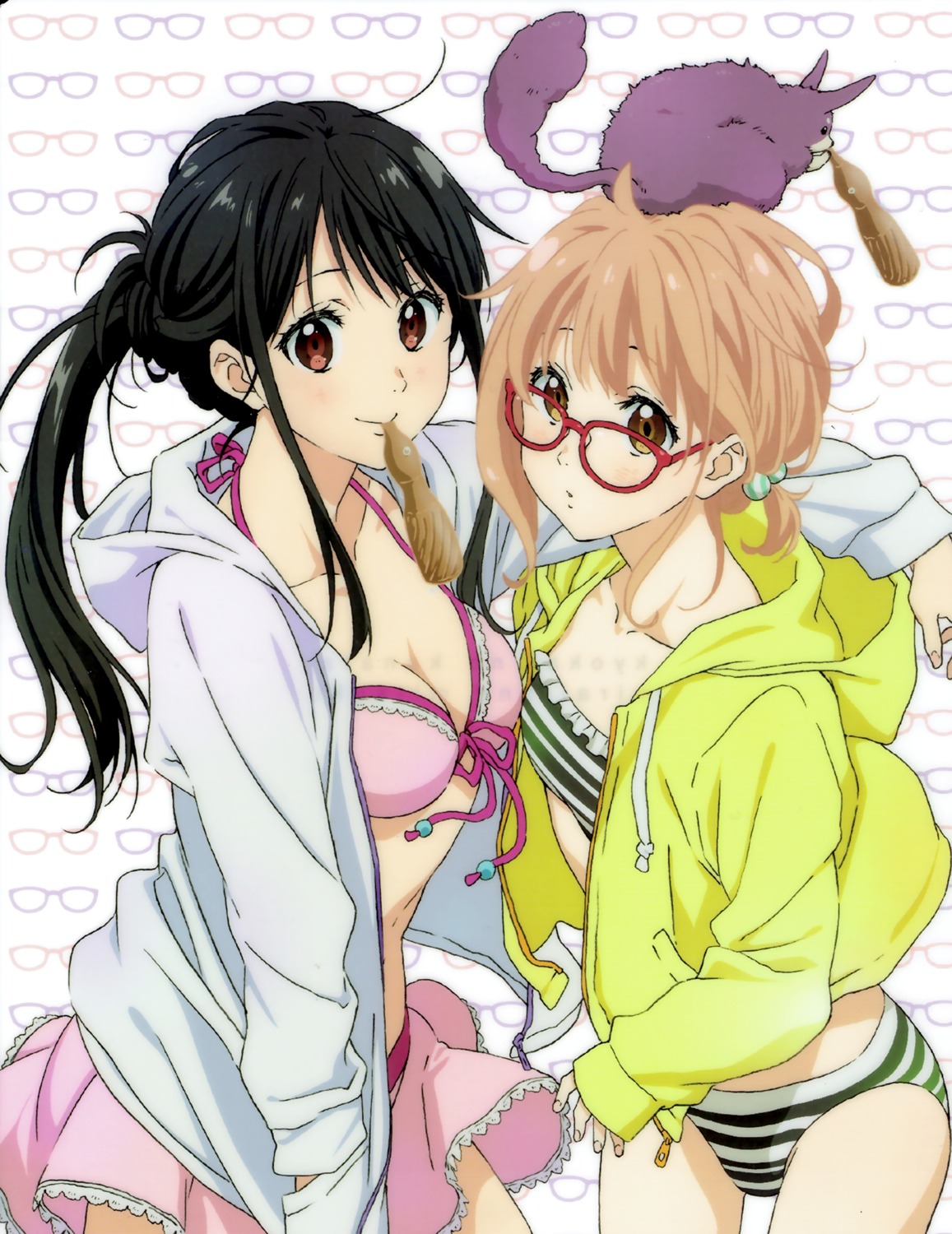 bikini, bleed_through, cleavage, kuriyama_mirai, kyoukai_no_kanata, megane, nase_mitsuki, open_shirt
