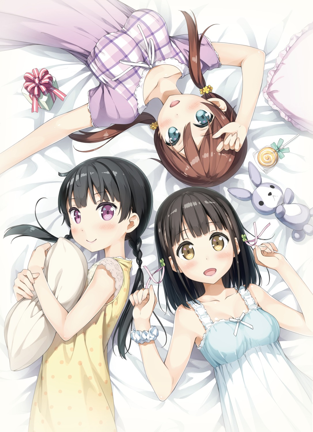 aoshima_moka, cleavage, dress, hanasaka_yui, kantoku, momohara_natsuki, non-standard_color_space, one_room