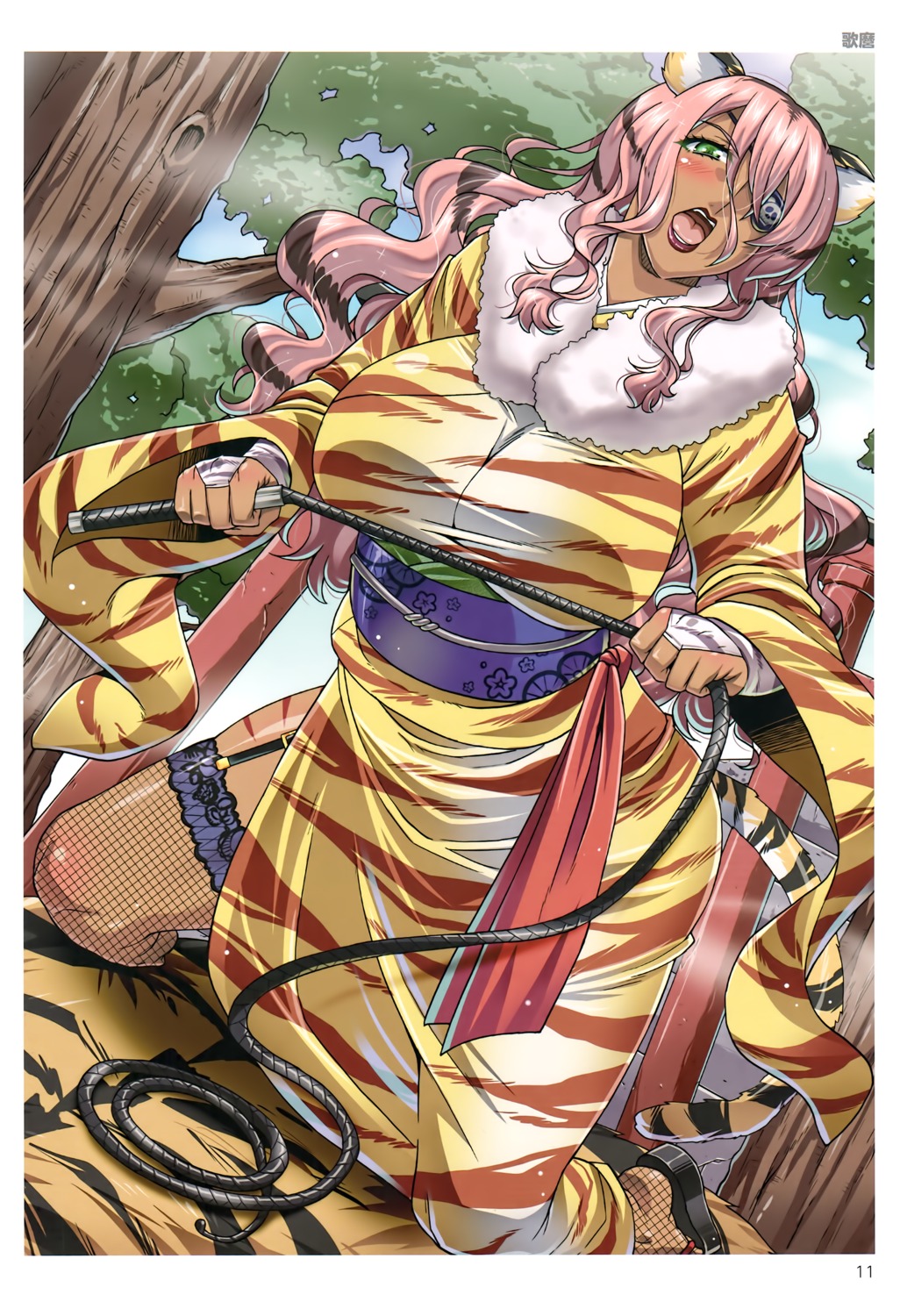 animal_ears, fishnets, kimono, stockings, tail, thighhighs, toranoana, utamaro, weapon