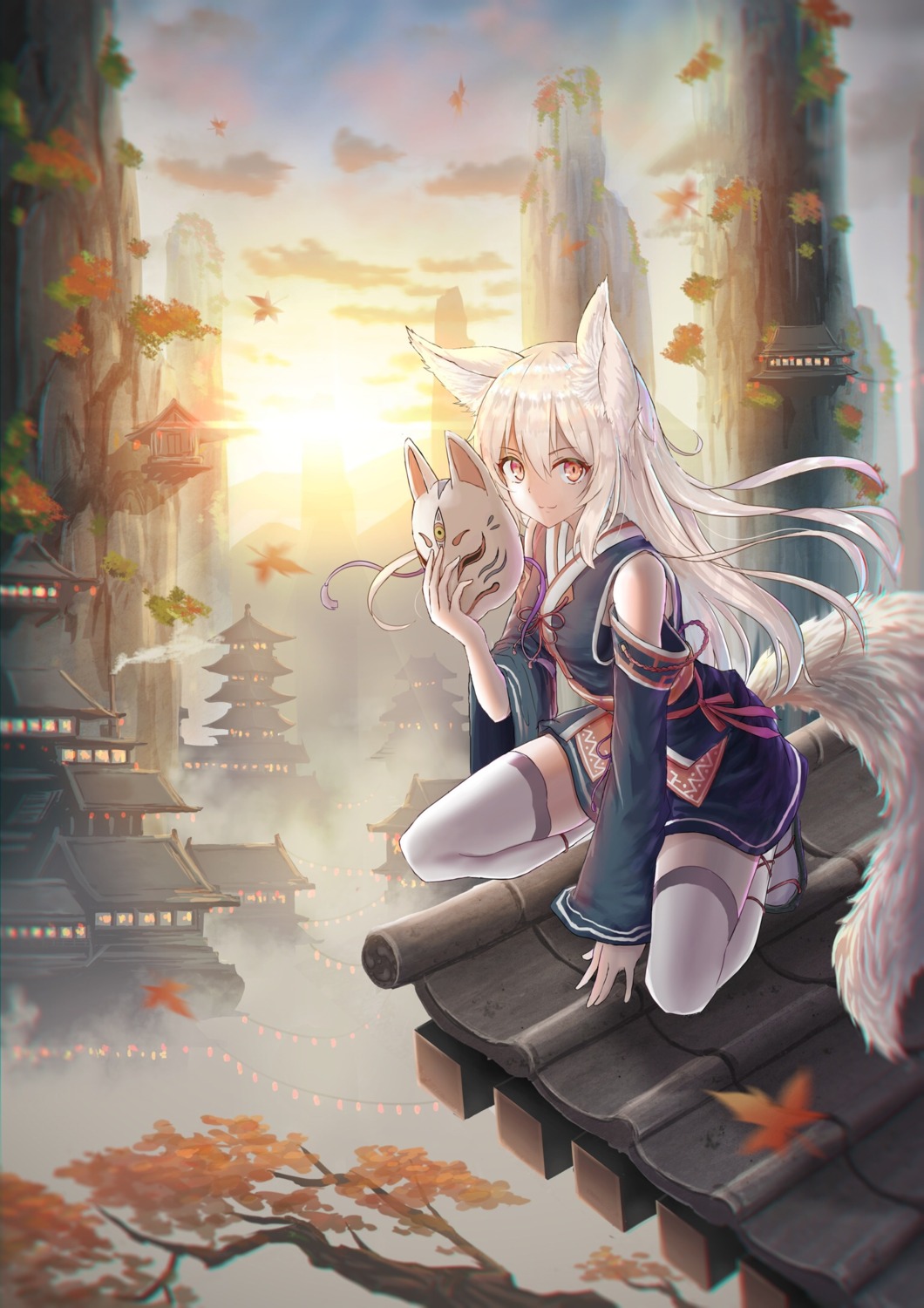 animal_ears, japanese_clothes, tail, teraguchi, thighhighs