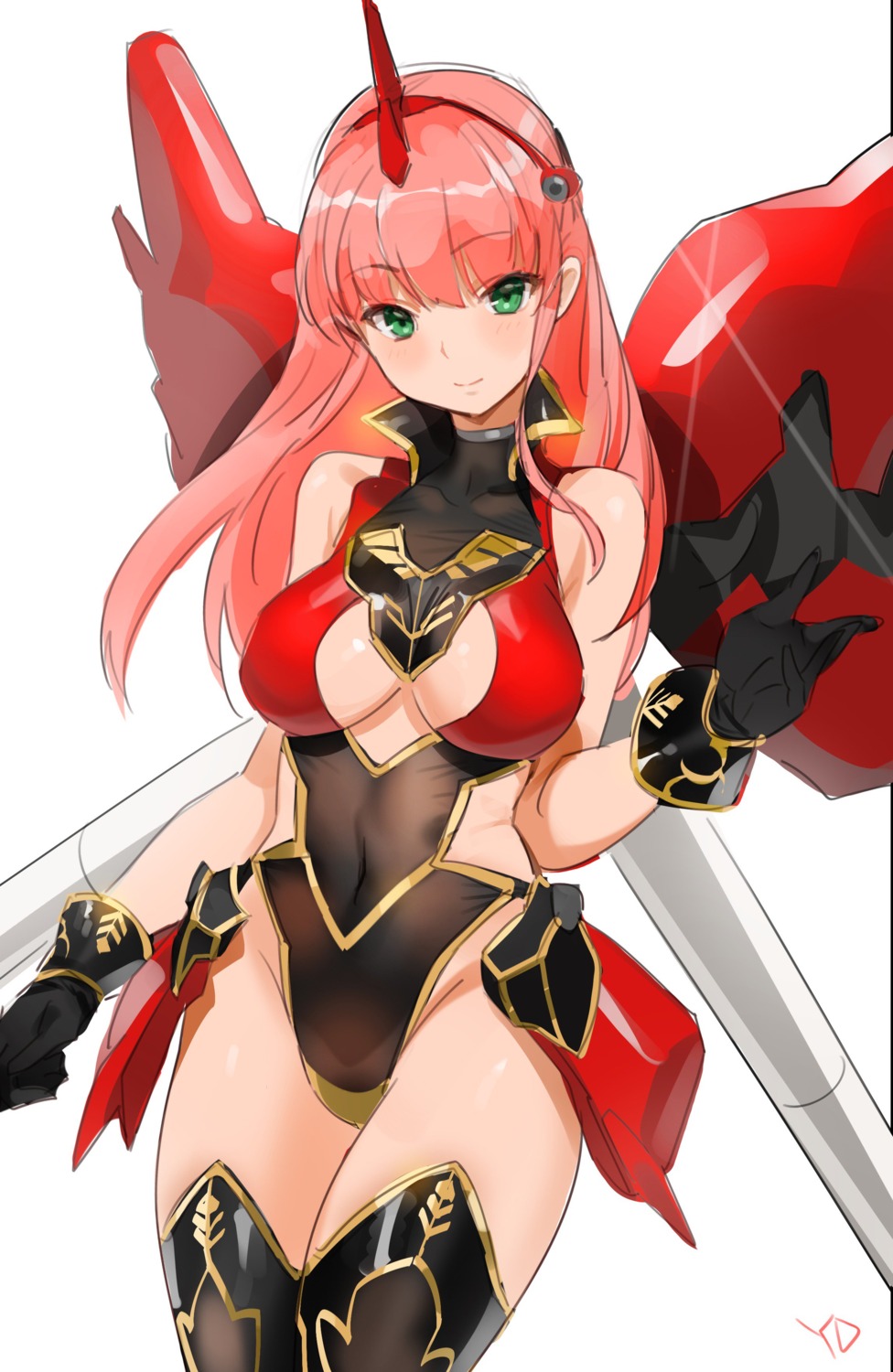 cleavage, gundam, gundam_unicorn, horns, no_bra, sinanju, thighhighs, wings, yd_(orange_maru)
