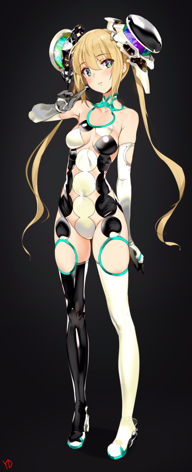 alphago, cleavage, heels, leotard, no_bra, stockings, thighhighs, yd_(orange_maru)